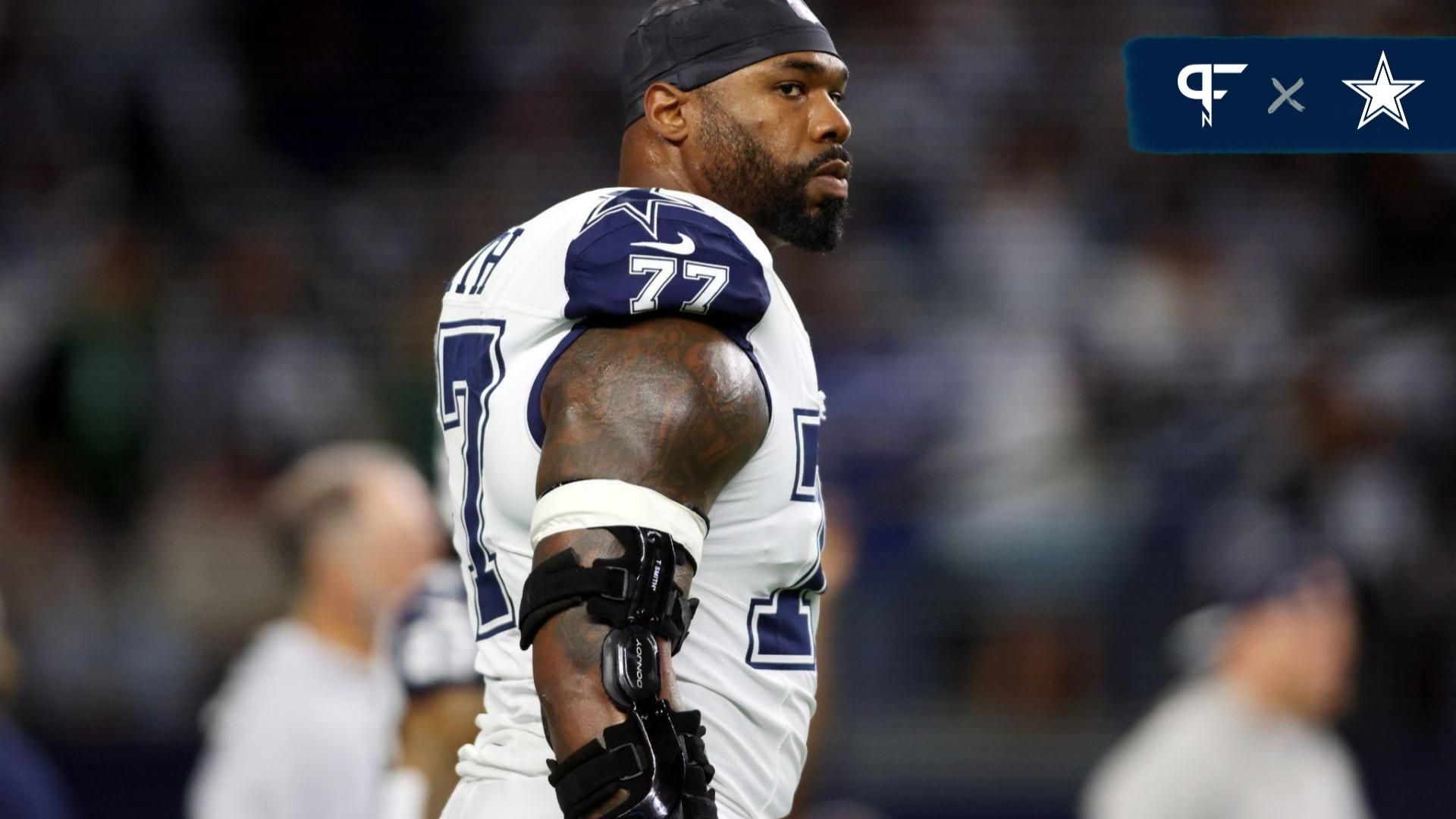 Dallas Cowboys offensive tackle Tyron Smith (77) on the field before the game against the Philadelphia Eagles at AT&T Stadium.