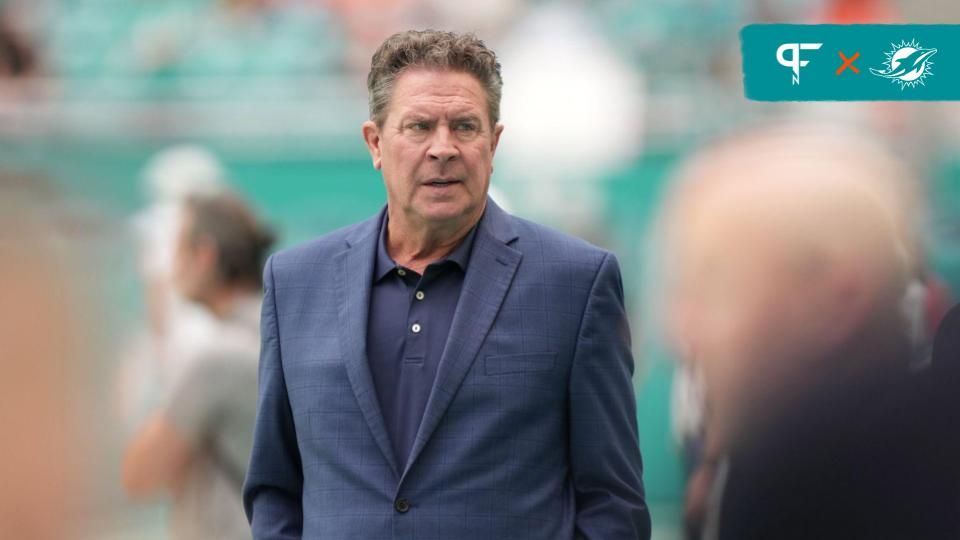 Miami Dolphins legend and NFL Hall of Fame member Dan Marino walks the sidelines before the game against the New York Jets at Hard Rock Stadium in Miami Gardens, Dec. 17, 2023.