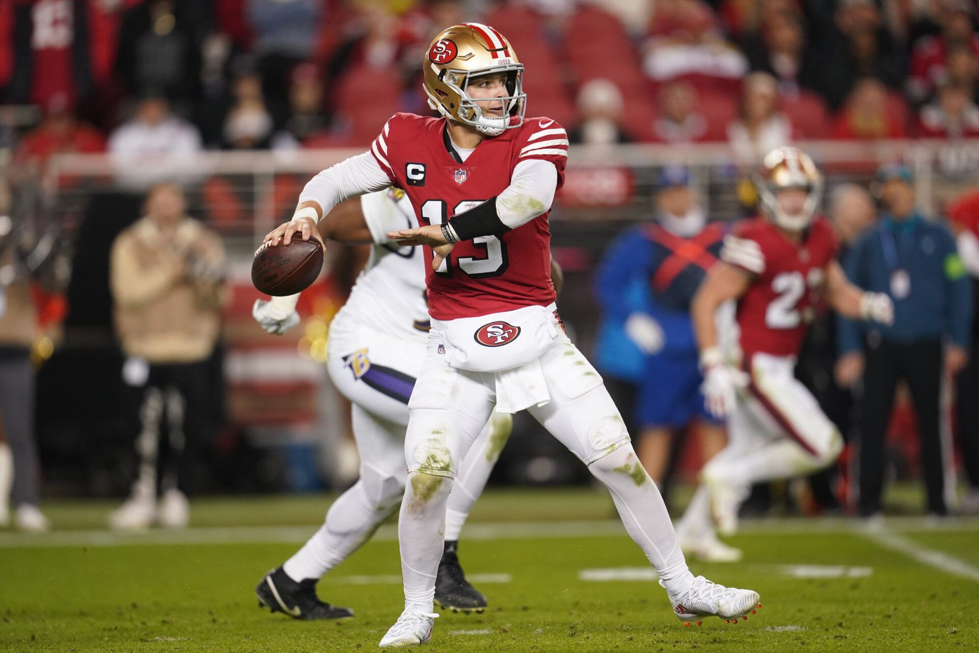 San Francisco 49ers quarterback Brock Purdy (13) throws a pass against the Baltimore Ravens in the fourth quarter at Levi's Stadium.