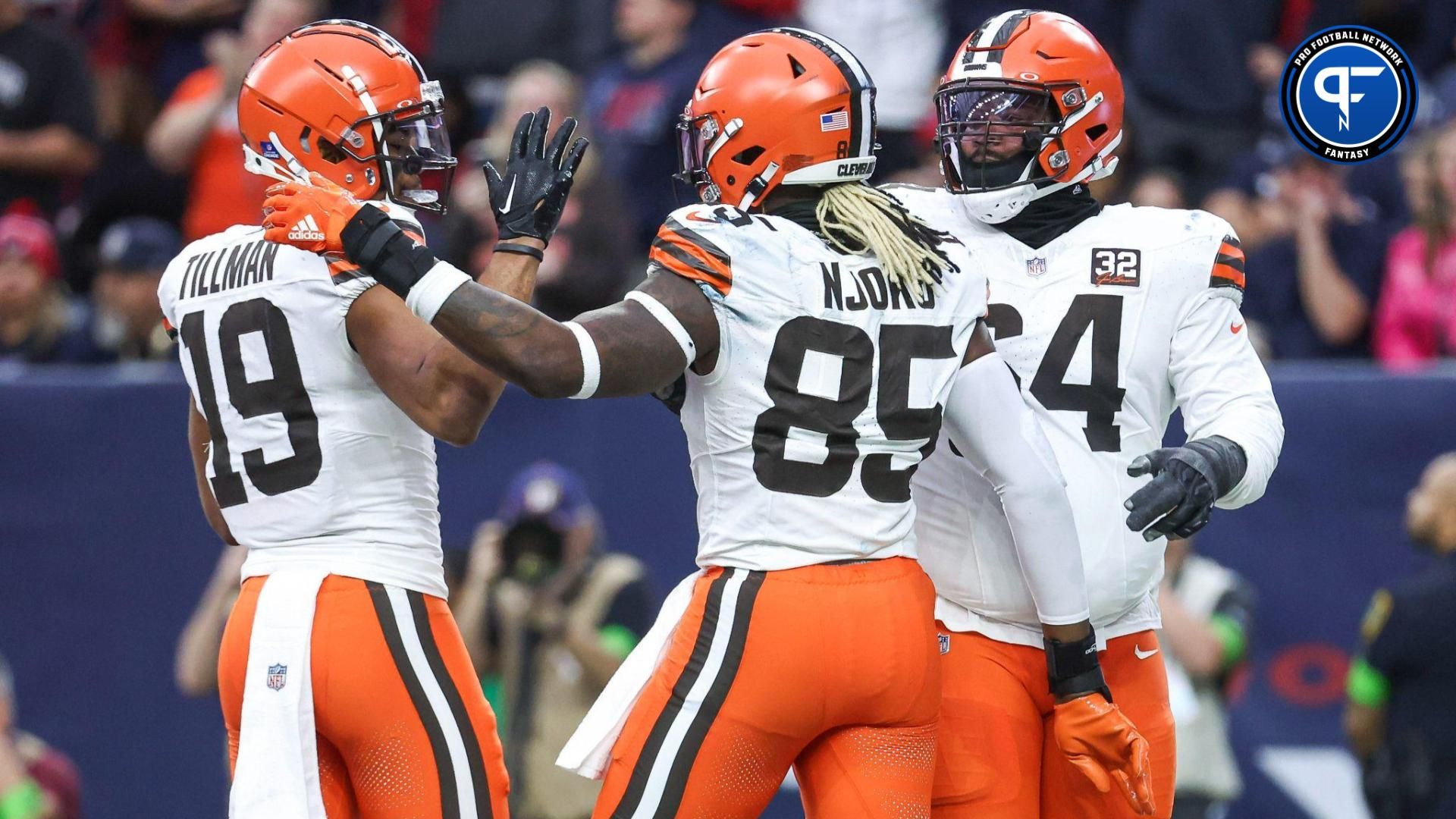 Cleveland Browns tight end David Njoku (85) celebrates with teammates after scoring a touchdown during the second quarter against the Houston Texans at NRG Stadium.