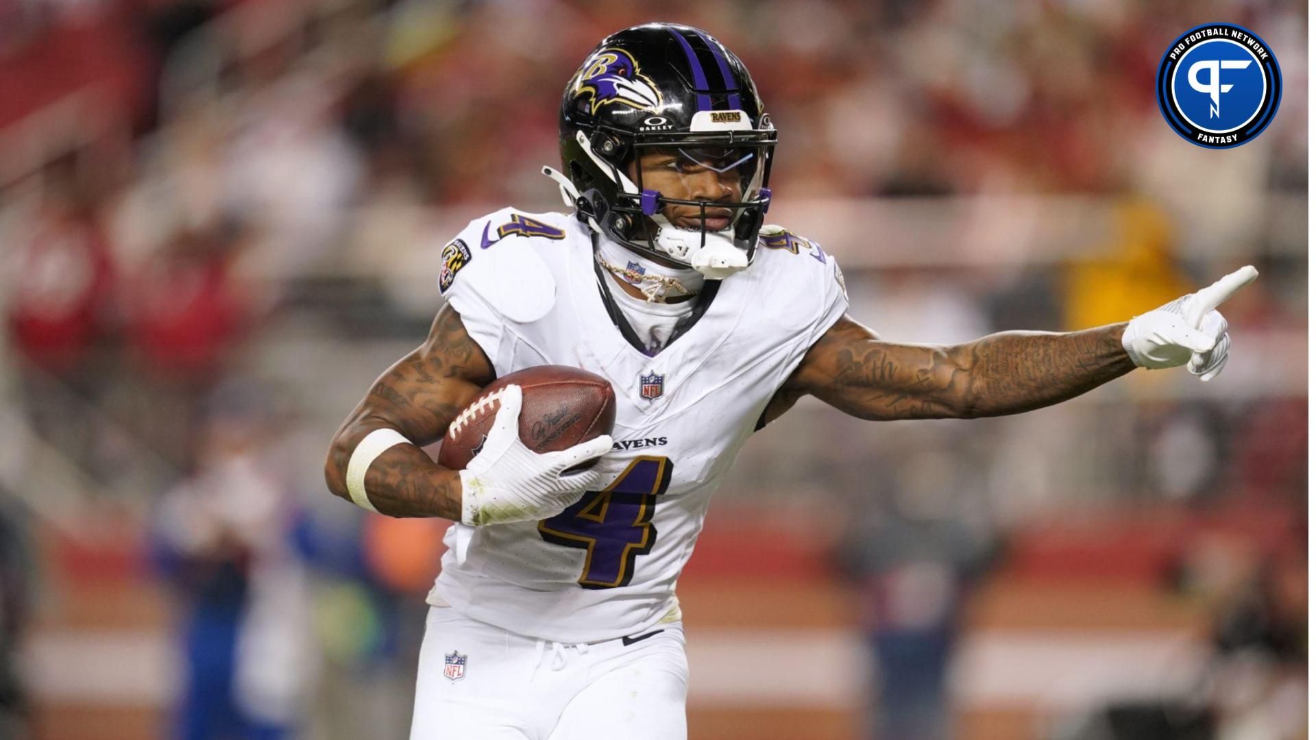 Baltimore Ravens wide receiver Zay Flowers (4) reacts after catching a touchdown against the San Francisco 49ers in the third quarter at Levi's Stadium.