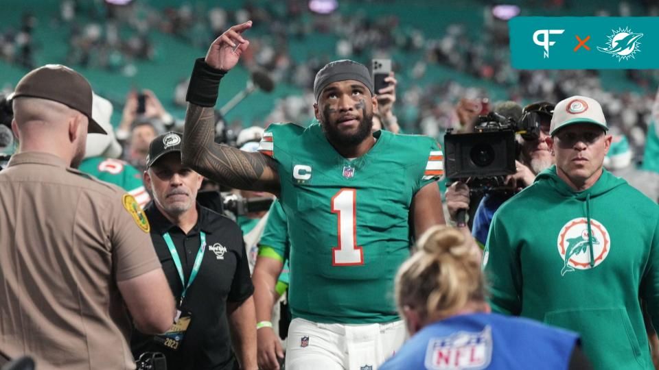 Miami Dolphins quarterback Tua Tagovailoa (1) walks off the field following a victory over Dallas Cowboys at Hard Rock Stadium.