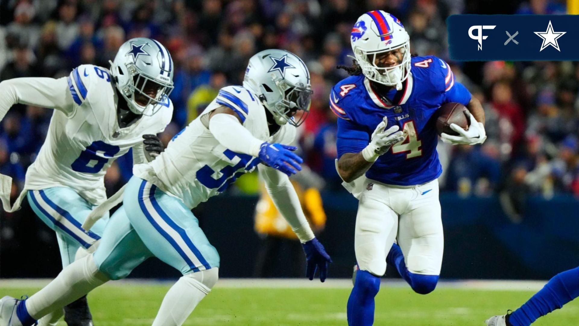 Buffalo Bills running back James Cook (4) runs the ball pressured by Dallas Cowboys linebacker Rashaan Evans (32) in the first half at Highmark Stadium.