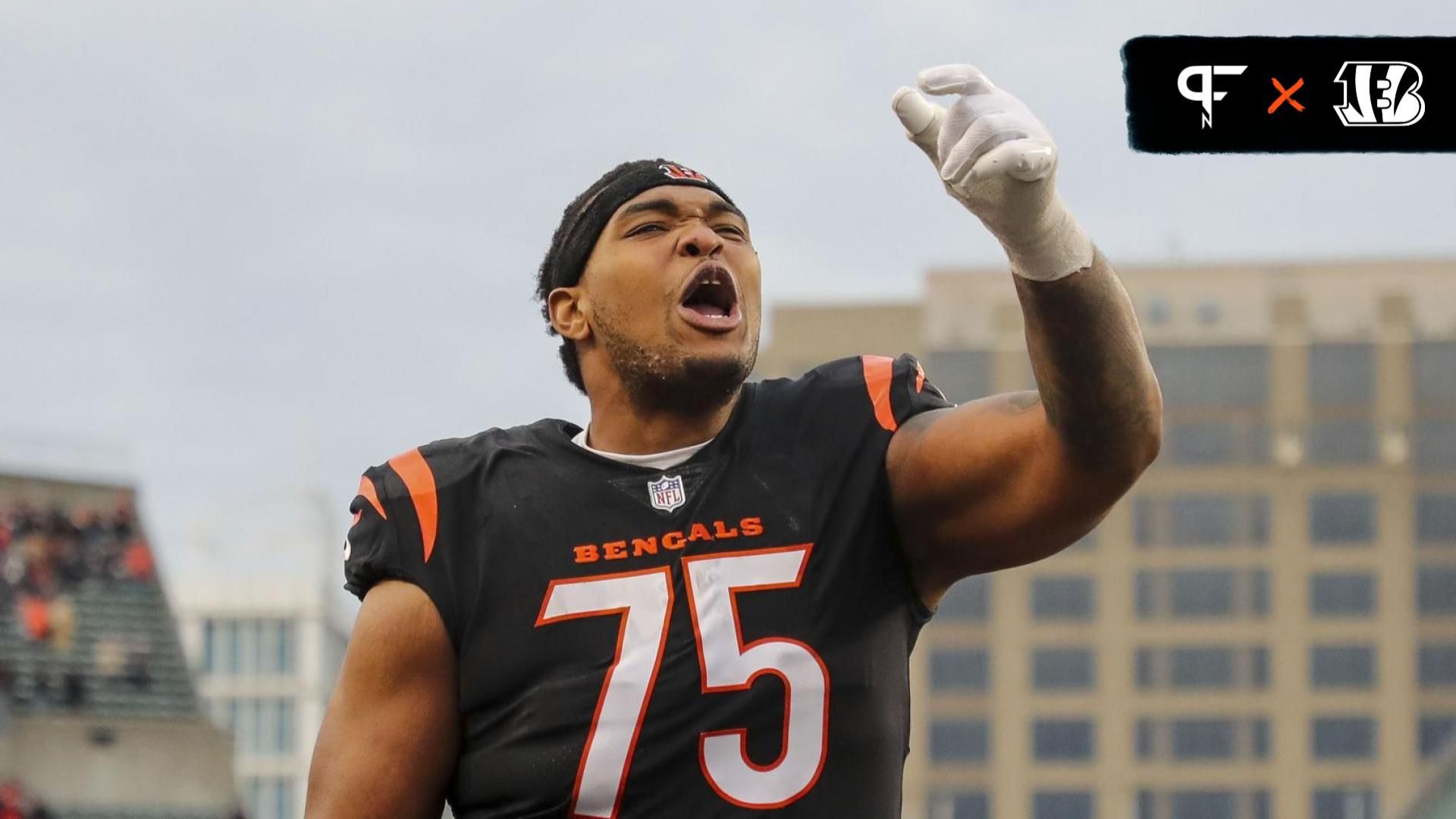 Cincinnati Bengals offensive tackle Orlando Brown Jr. (75) celebrates after the victory over the Minnesota Vikings at Paycor Stadium.