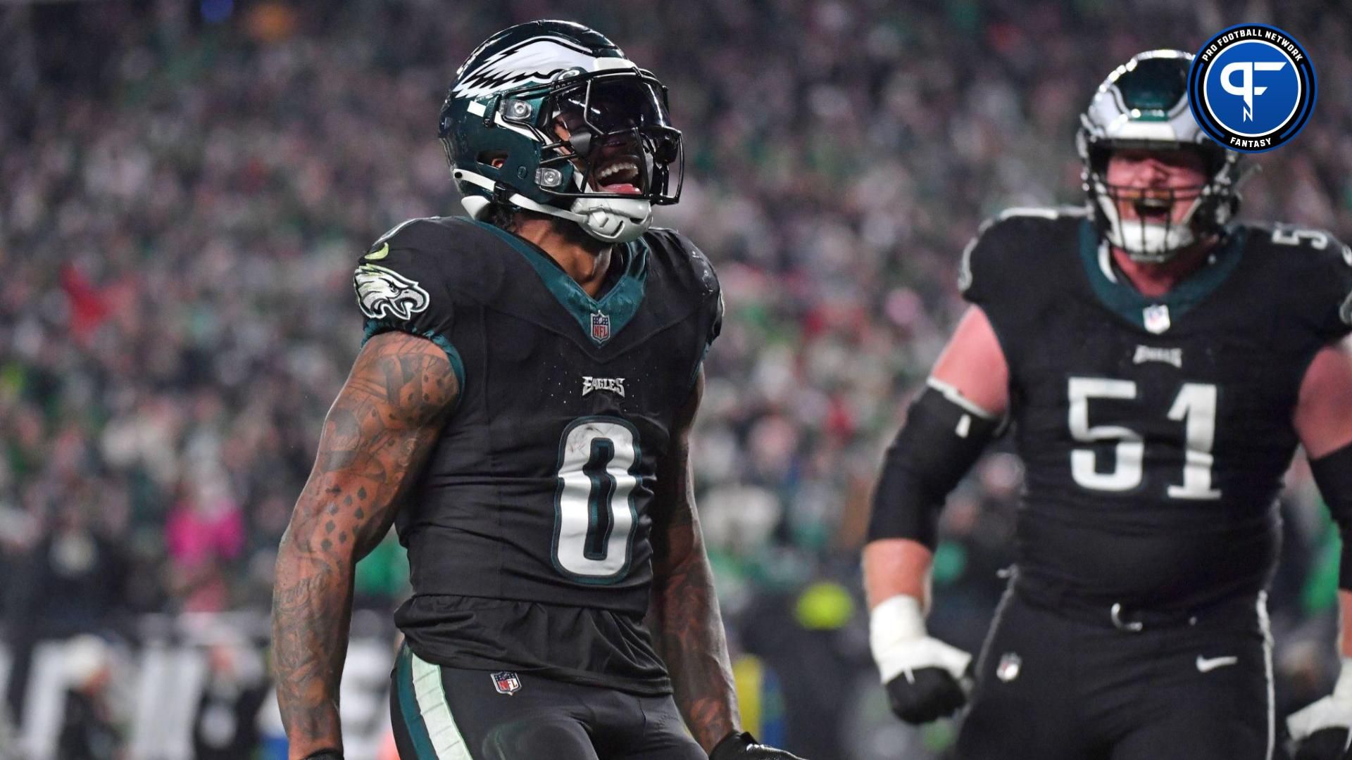 Philadelphia Eagles running back D'Andre Swift (0) celebrates his touchdown run against the New York Giants during the fourth quarter at Lincoln Financial Field.