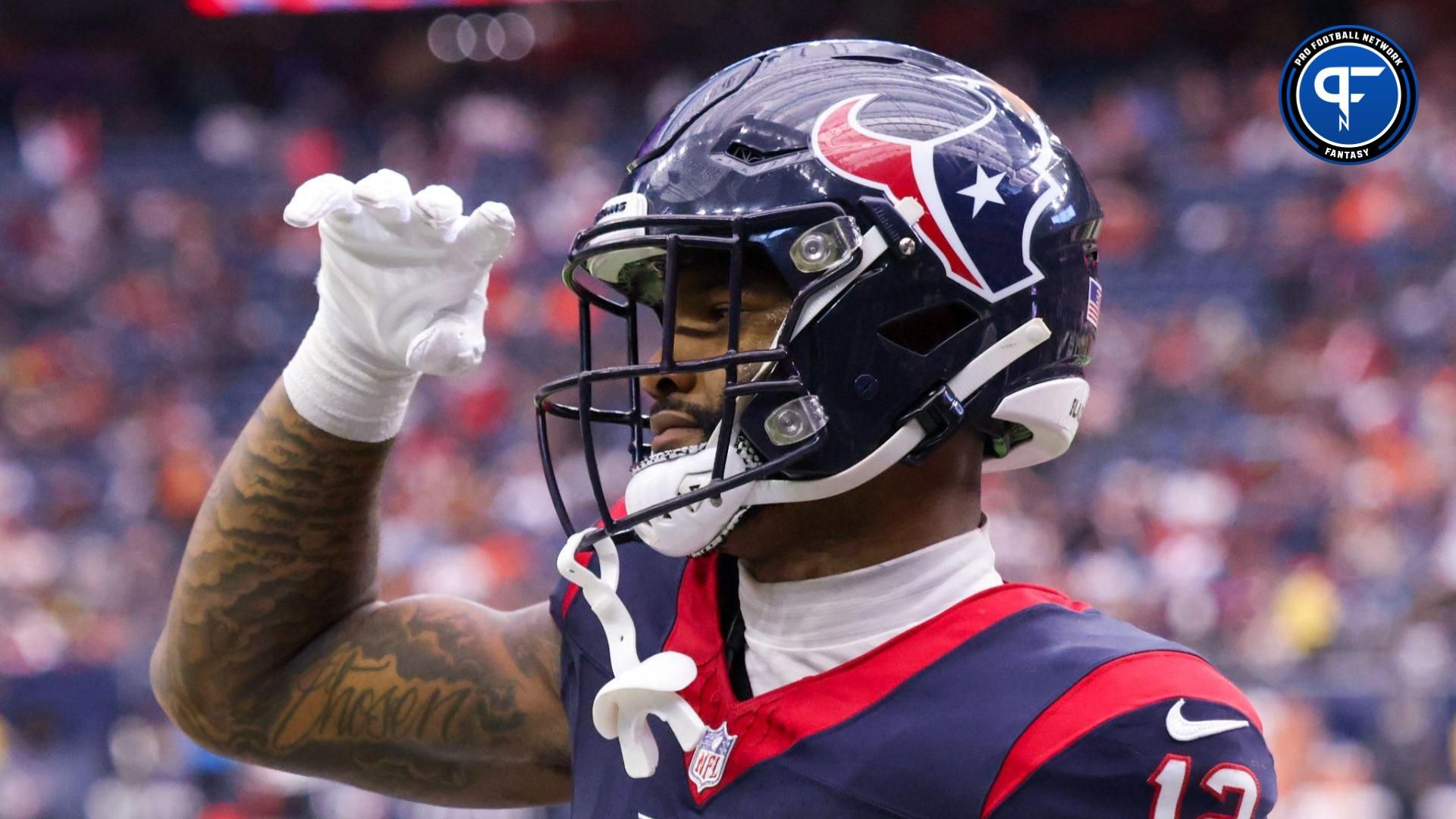 Houston Texans wide receiver Nico Collins (12) celebrates his touchdown against the Cleveland Browns in the fourth quarter at NRG Stadium.