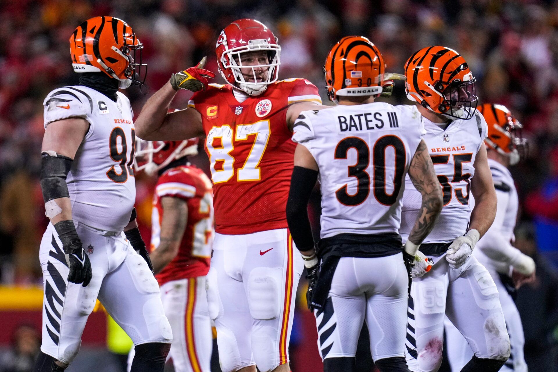 Kansas City Chiefs tight end Travis Kelce (87) celebrates a first down reception in the third quarter of the AFC championship NFL game between the Cincinnati Bengals and the Kansas City Chiefs, Sunday, Jan. 29, 2023, at Arrowhead Stadium in Kansas City, Mo.