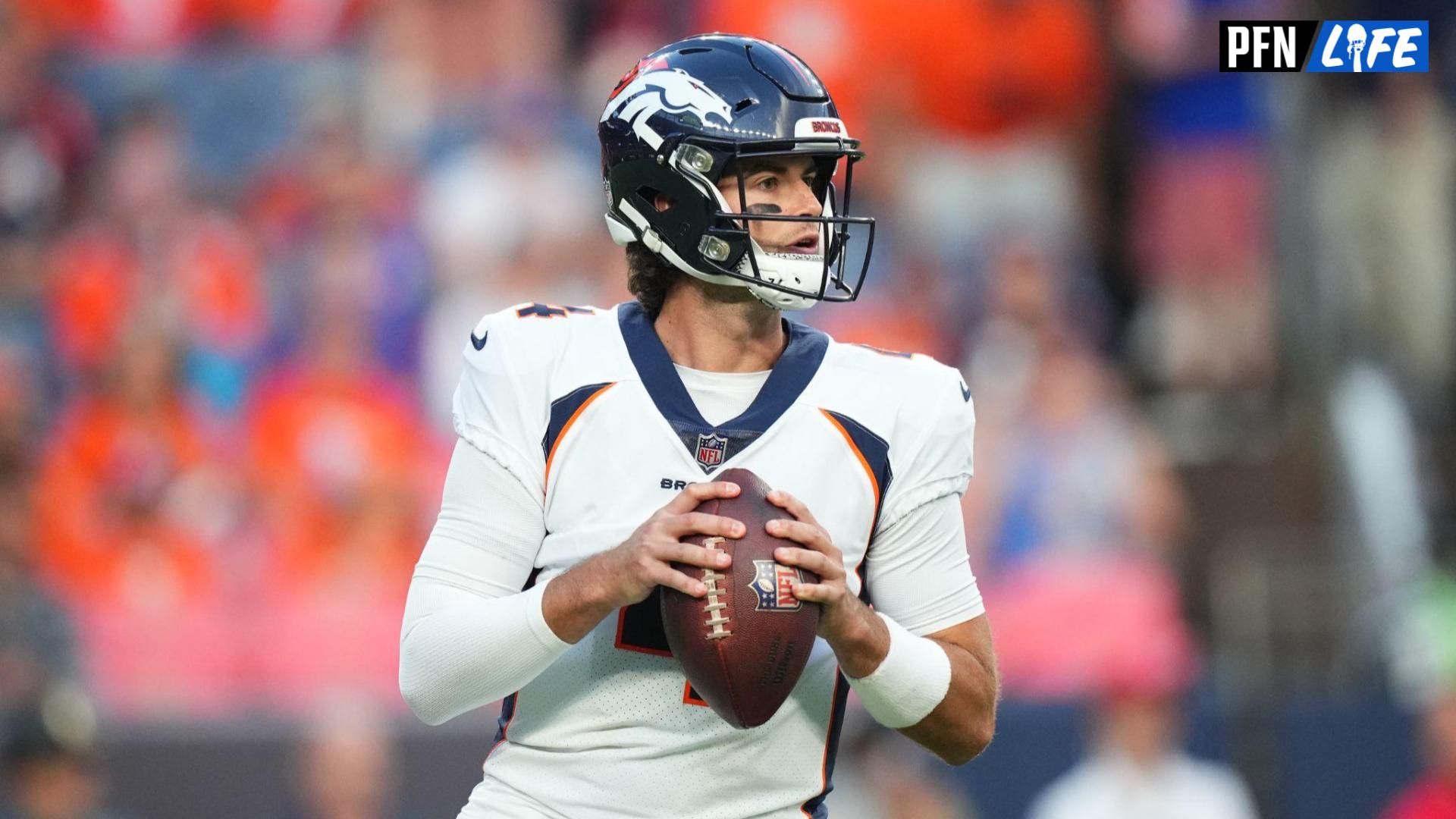 Denver Broncos quarterback Jarrett Stidham (4) prepares to pass in the first quarter against the against the Los Angeles Rams at Empower Field at Mile High.