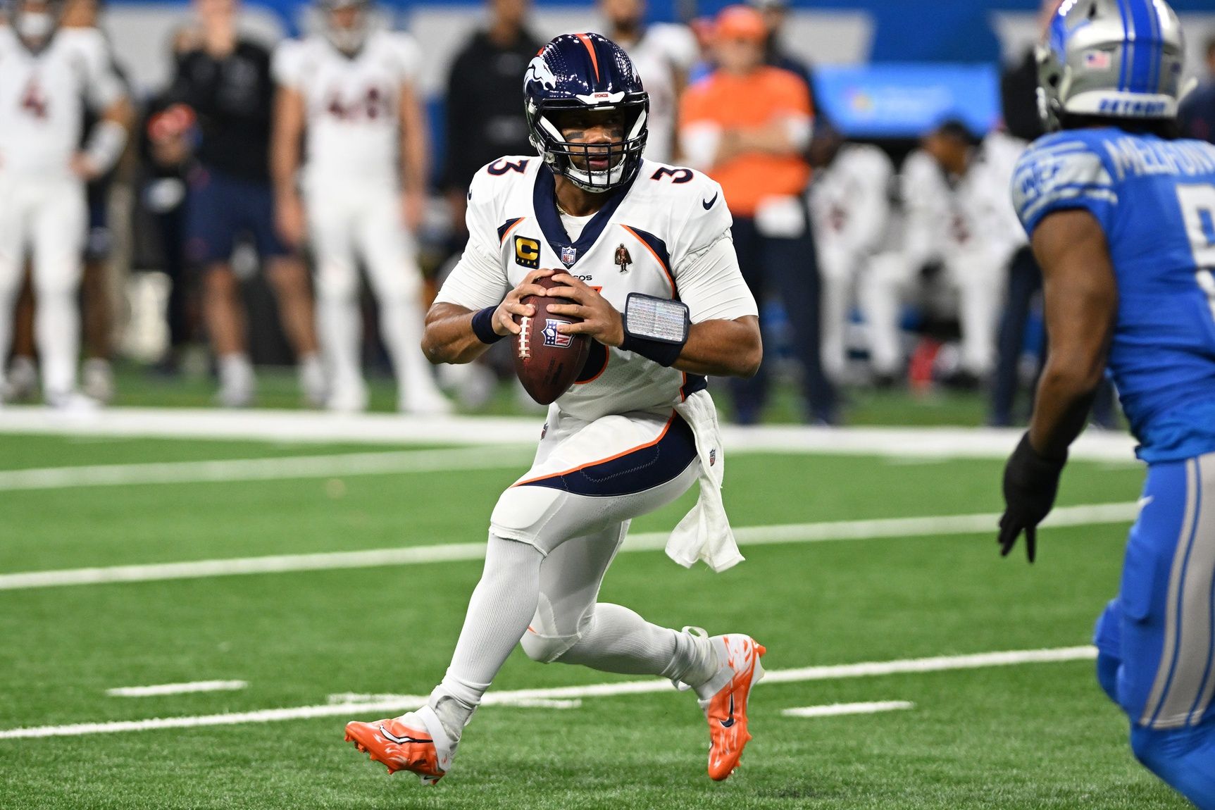 Denver Broncos QB Russell Wilson (3) looks to pass against the Detroit Lions.