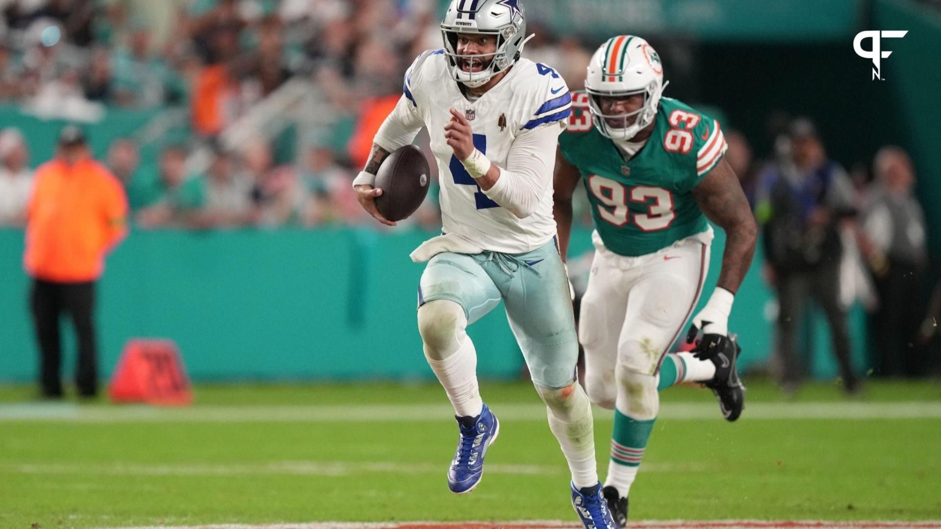 Dallas Cowboys QB Dak Prescott (4) runs with the ball against the Miami Dolphins.