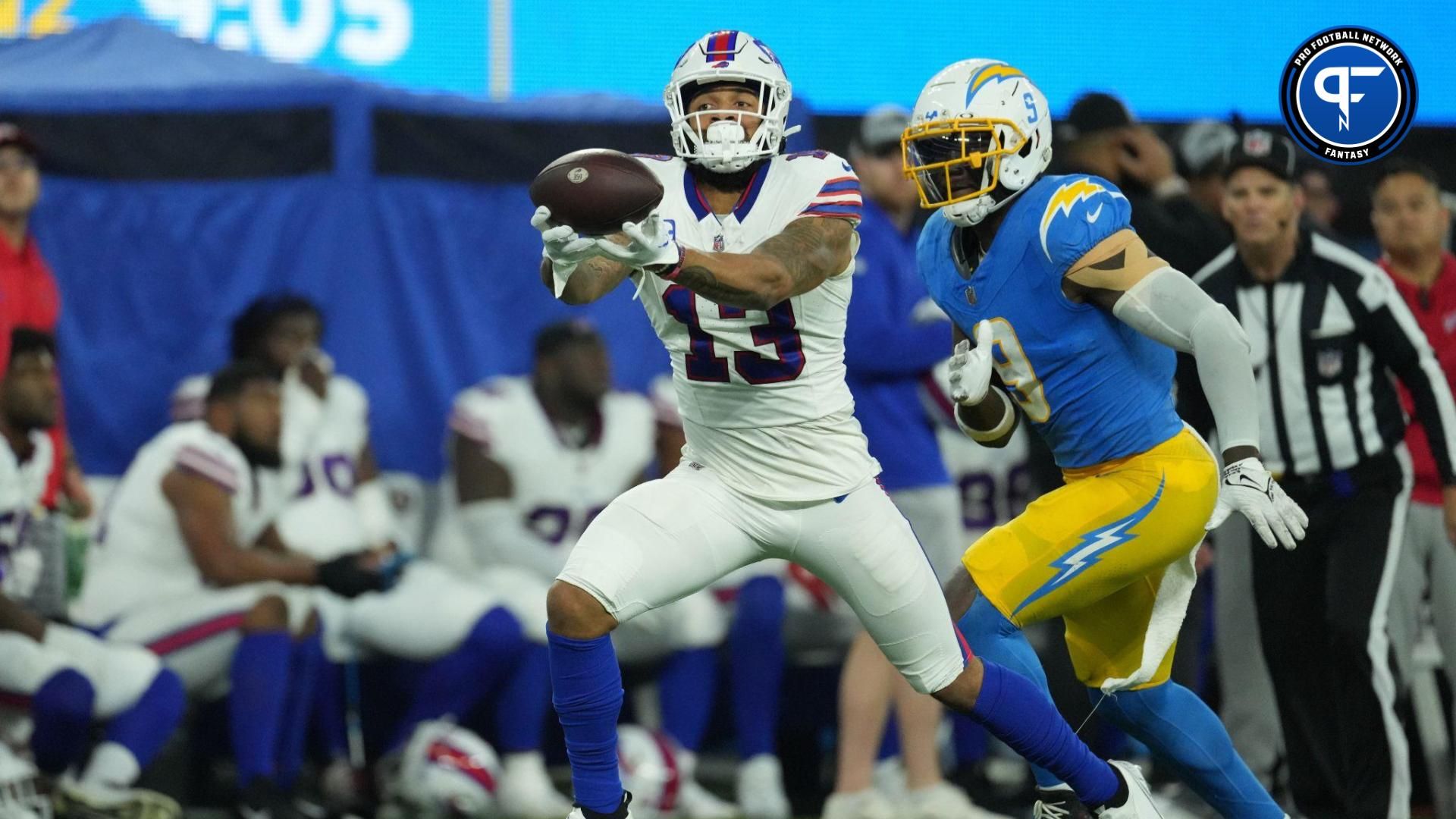 Buffalo Bills wide receiver Gabe Davis (13) catches a 57-yard touchdown pass against the Los Angeles Chargers in the first half at SoFi Stadium.