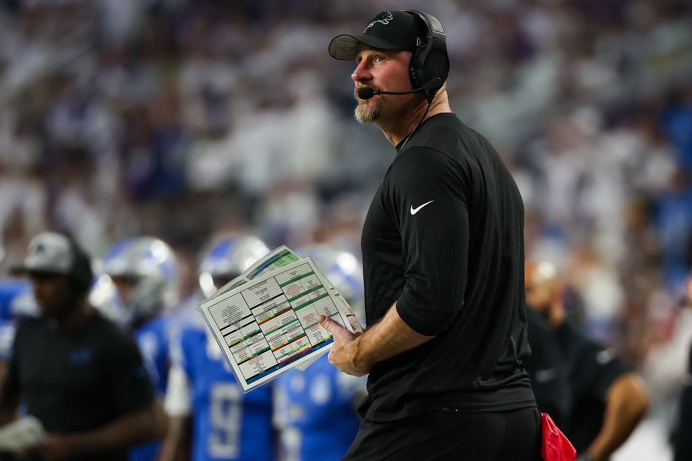 Detroit Lions head coach Dan Campbell looks on during the fourth quarter against the Minnesota Vikings at U.S. Bank Stadium.