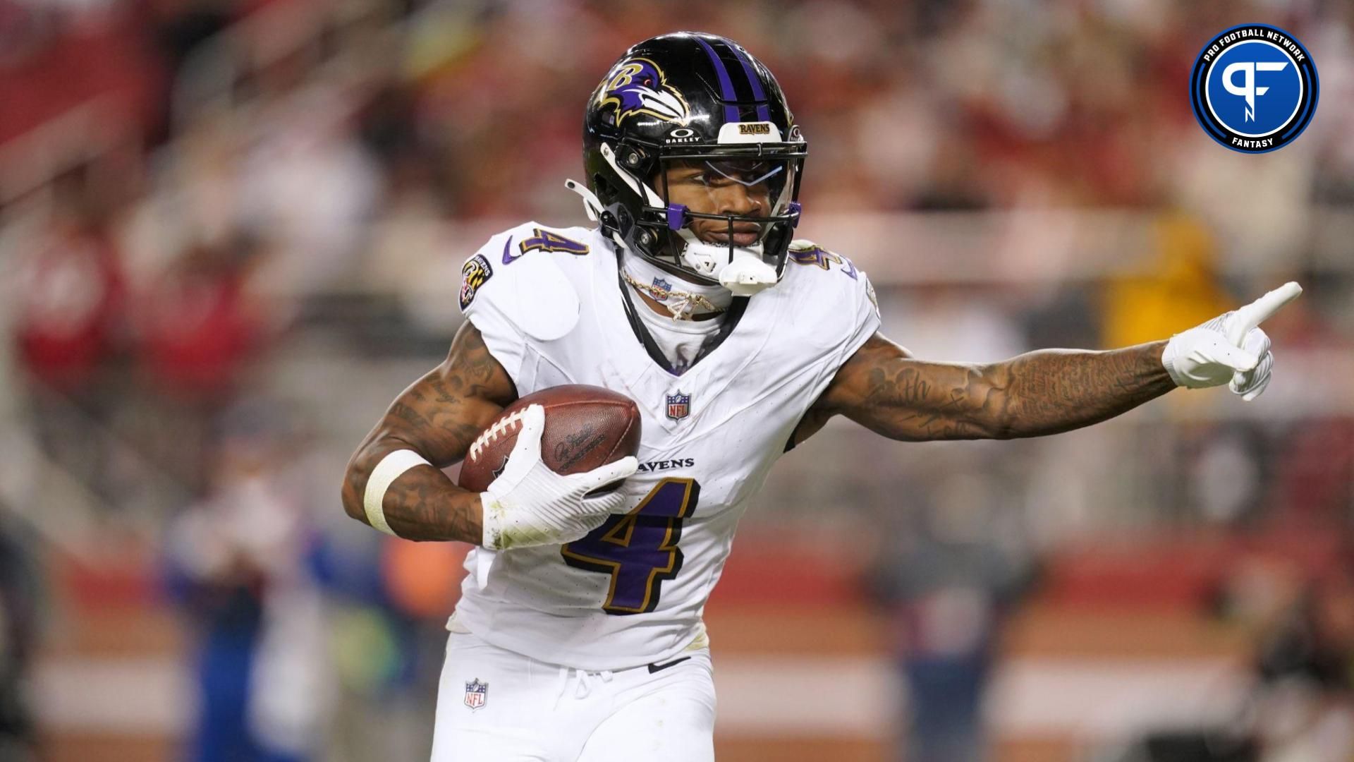 Baltimore Ravens wide receiver Zay Flowers (4) reacts after catching a touchdown against the San Francisco 49ers in the third quarter at Levi's Stadium.