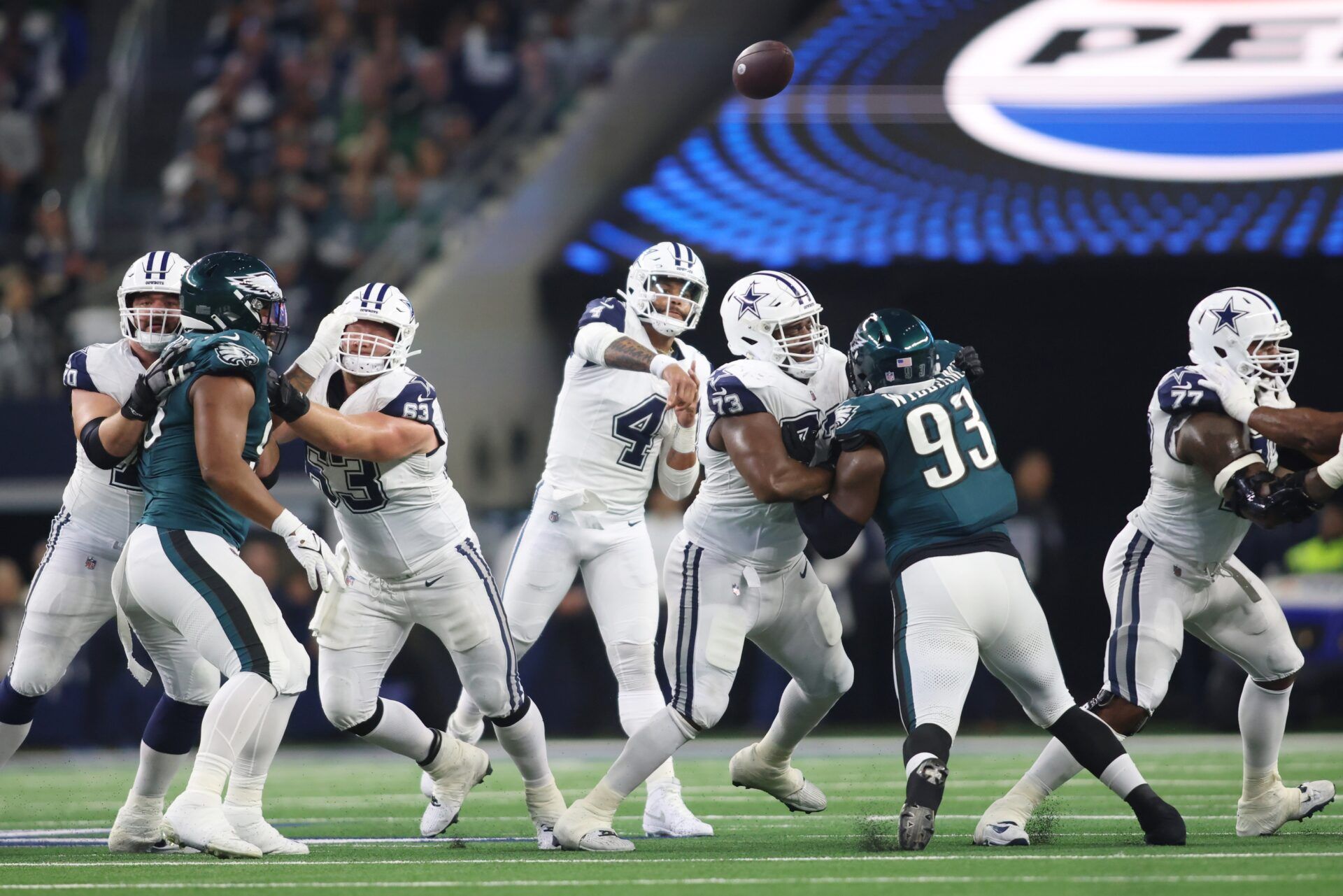 Dallas Cowboys quarterback Dak Prescott (4) throws a pass in the first quarter against the Philadelphia Eagles at AT&T Stadium.