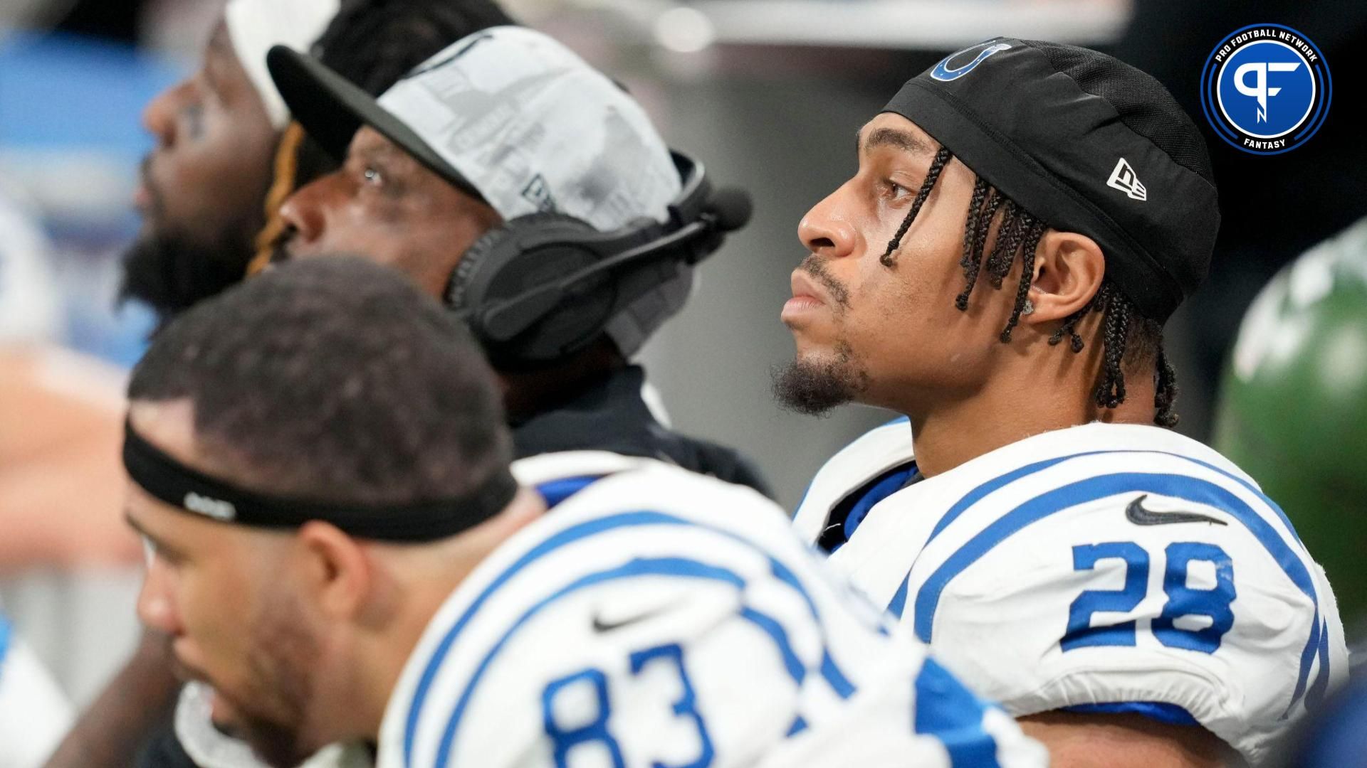 Indianapolis Colts running back Jonathan Taylor (28) sits on the bench during the fourth quarter Sunday, Dec. 24, 2023, during a game against the Atlanta Falcons at Mercedes-Benz Stadium in Atlanta.