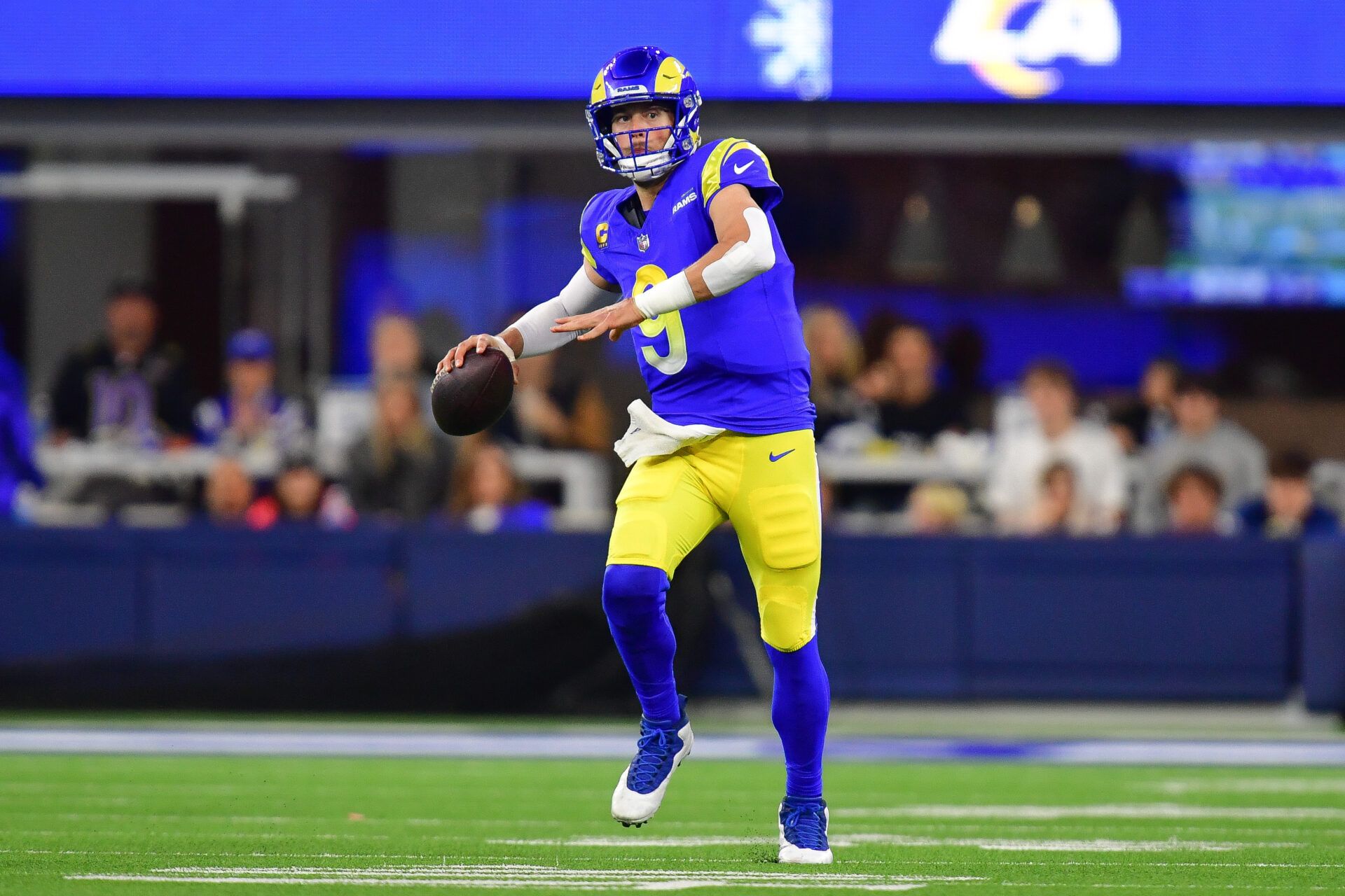 Los Angeles Rams quarterback Matthew Stafford (9) throws against the New Orleans Saints during the first half at SoFi Stadium.