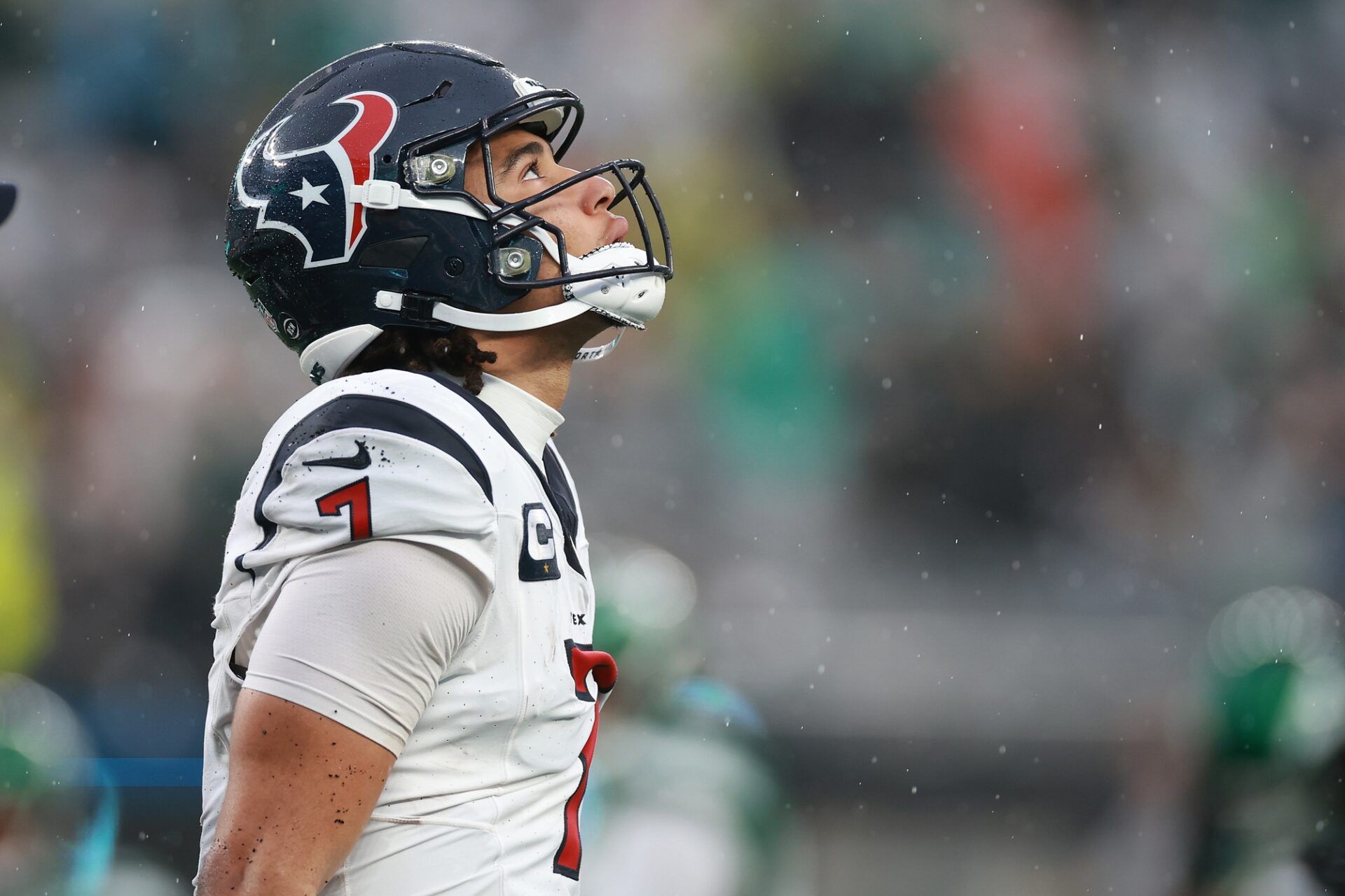 Houston Texans quarterback C.J. Stroud (7) walks off the field after an apparent injury during the second half against the New York Jets at MetLife Stadium.