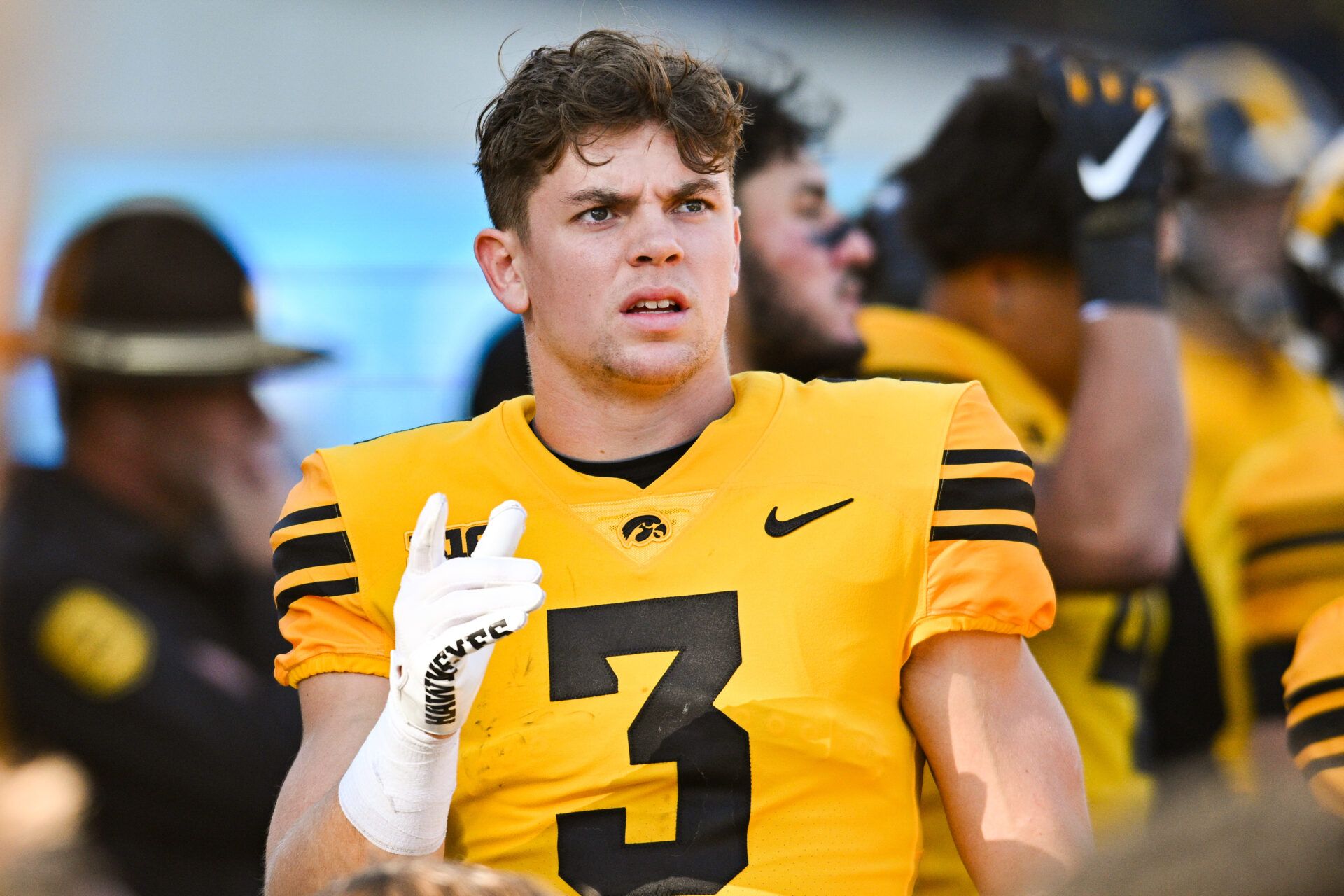 Iowa Hawkeyes defensive back Cooper DeJean (3) reacts during the second quarter against the Minnesota Golden Gophers at Kinnick Stadium.