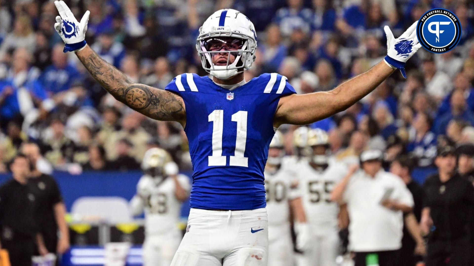 Indianapolis Colts wide receiver Michael Pittman Jr. (11) celebrates during the first half of the game against the New Orleans Saints at Lucas Oil Stadium.