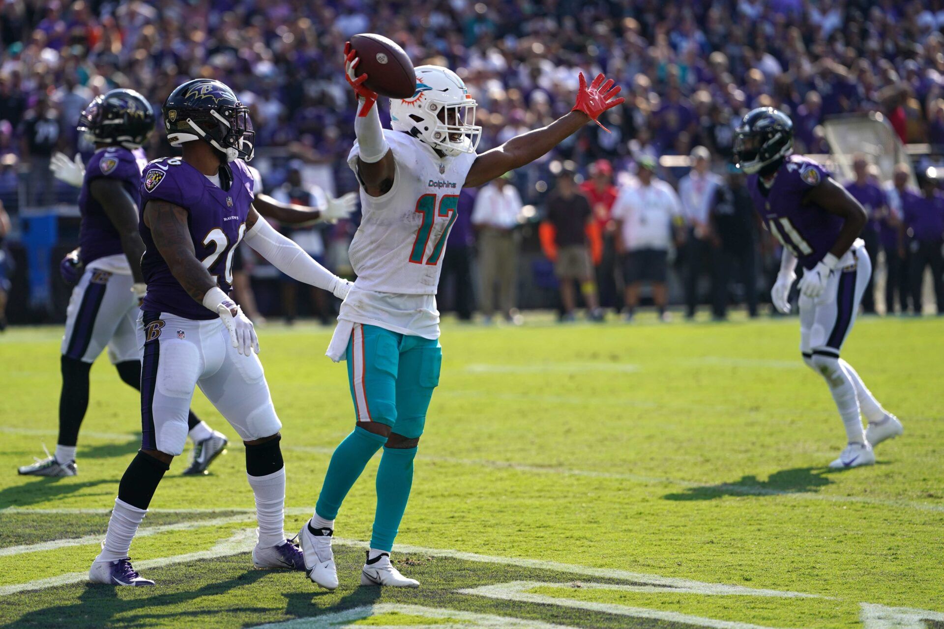 Miami Dolphins wide receiver Jaylen Waddle celebrates a touchdown.