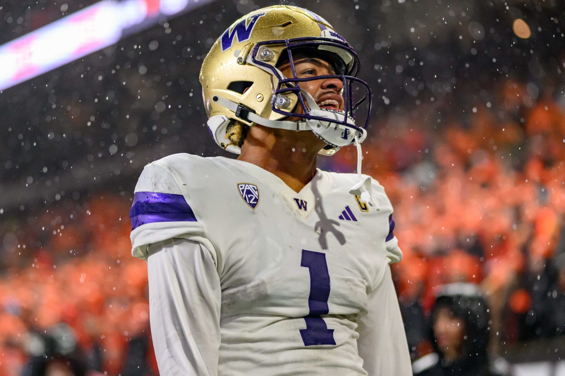 Washington Huskies wide receiver Rome Odunze (1) celebrates a touchdown during the second quarter against the Oregon State Beavers at Reser Stadium.