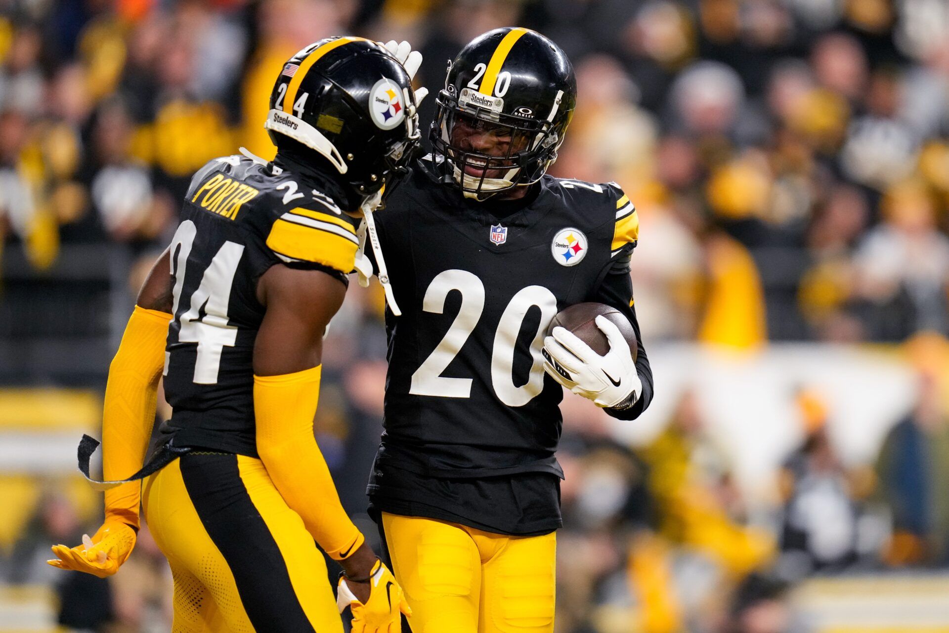 Pittsburgh Steelers cornerback Patrick Peterson (20) celebrates an interception in the first quarter of the NFL 16 game between the Pittsburgh Steelers and the Cincinnati Bengals at Acrisure Stadium in Pittsburgh on Saturday, Dec. 23, 2023.