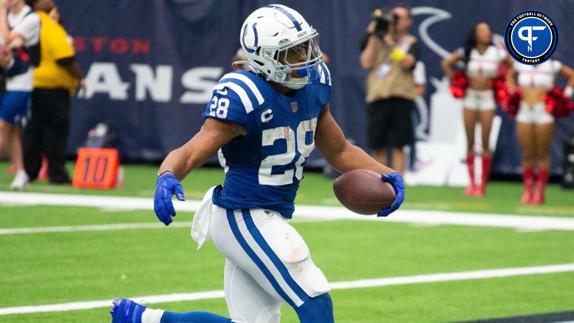 Indianapolis Colts running back Jonathan Taylor (28) rushes for a touchdown against the Houston Texans in the fourth quarter at NRG Stadium.