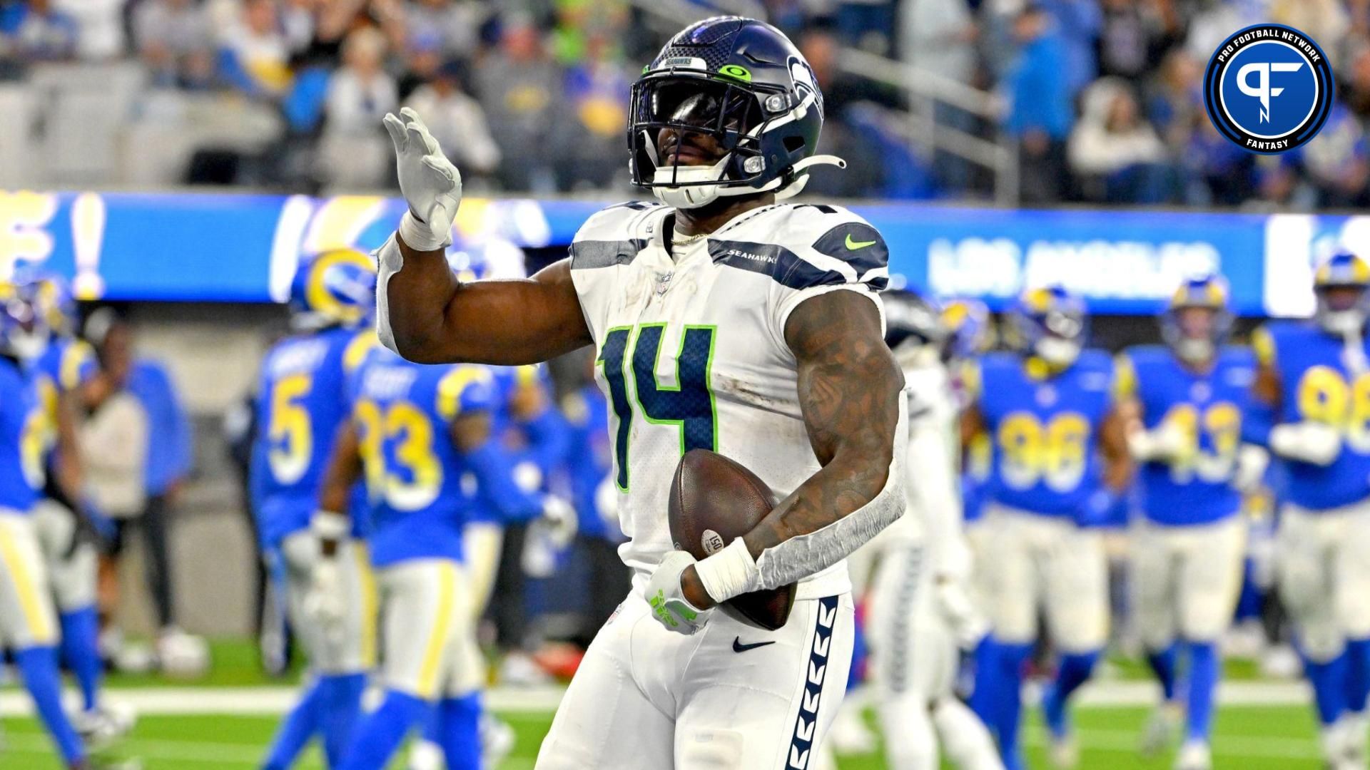 Seattle Seahawks wide receiver DK Metcalf (14) celebrates after a touchdown in the fourth quarter against the Los Angeles Rams at SoFi Stadium.