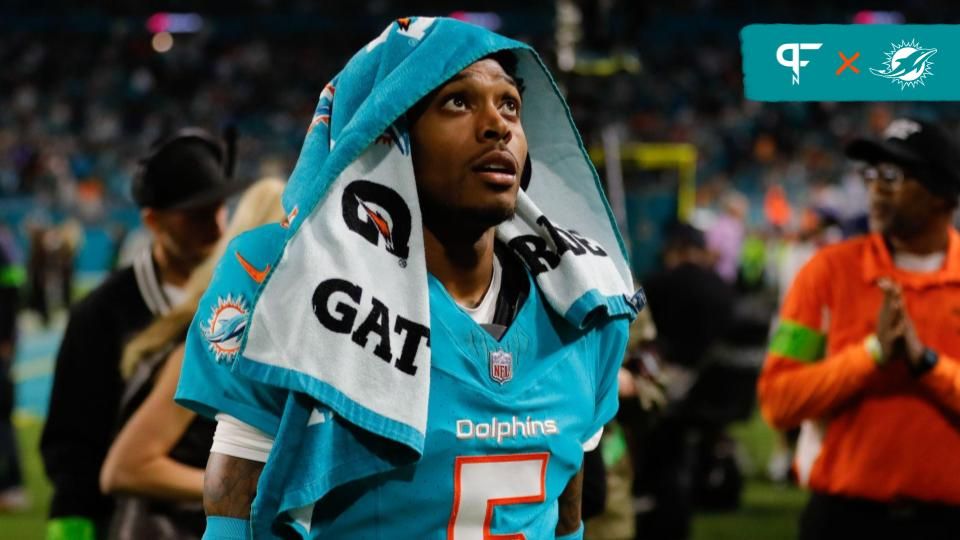 Miami Dolphins cornerback Jalen Ramsey (5) looks on as he walks toward the locker room against the Tennessee Titans during halftime at Hard Rock Stadium.