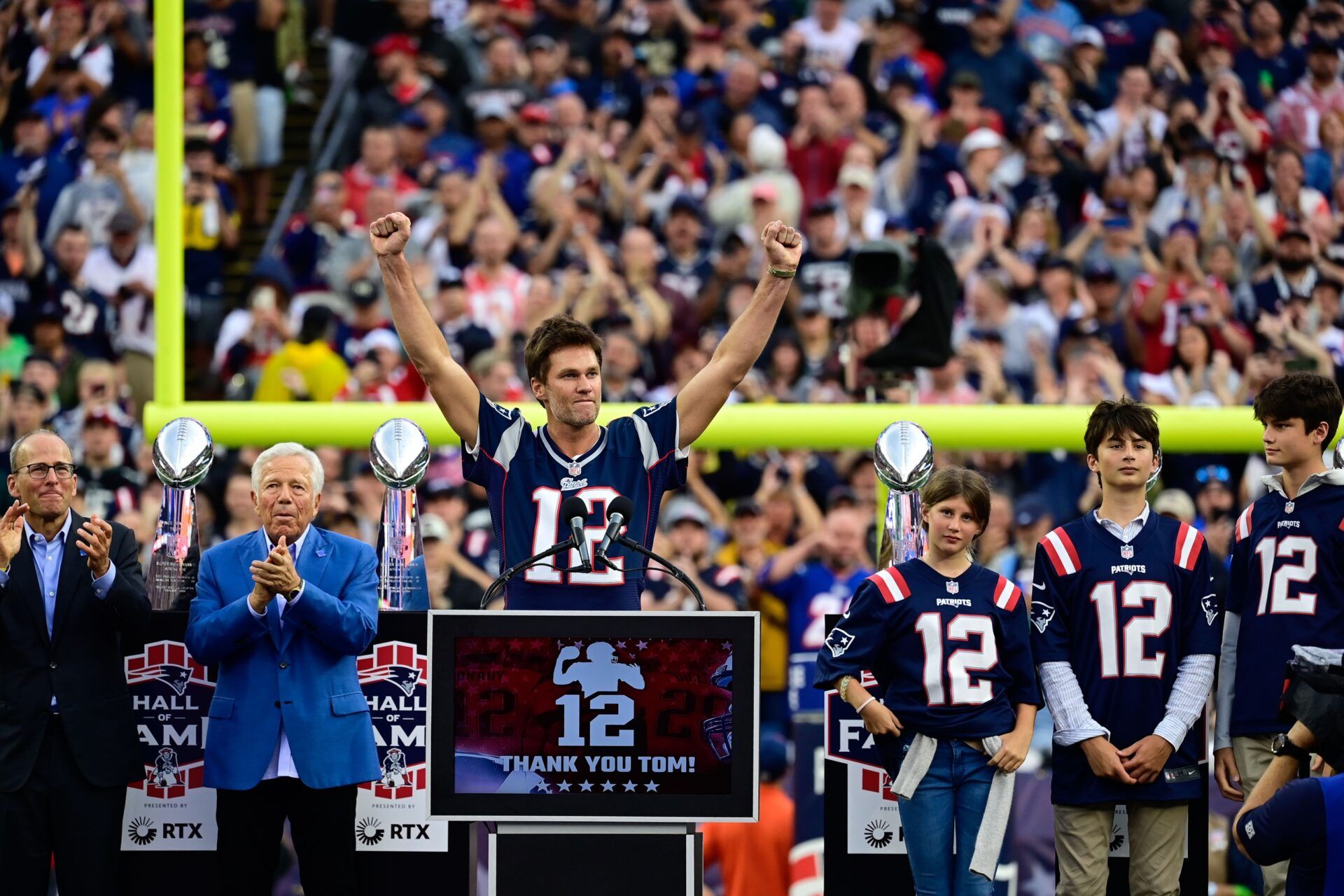 New England Patriots former quarterback Tom Brady speaks during a halftime ceremony in his honor during the game between the Philadelphia Eagles and New England Patriots at Gillette Stadium.