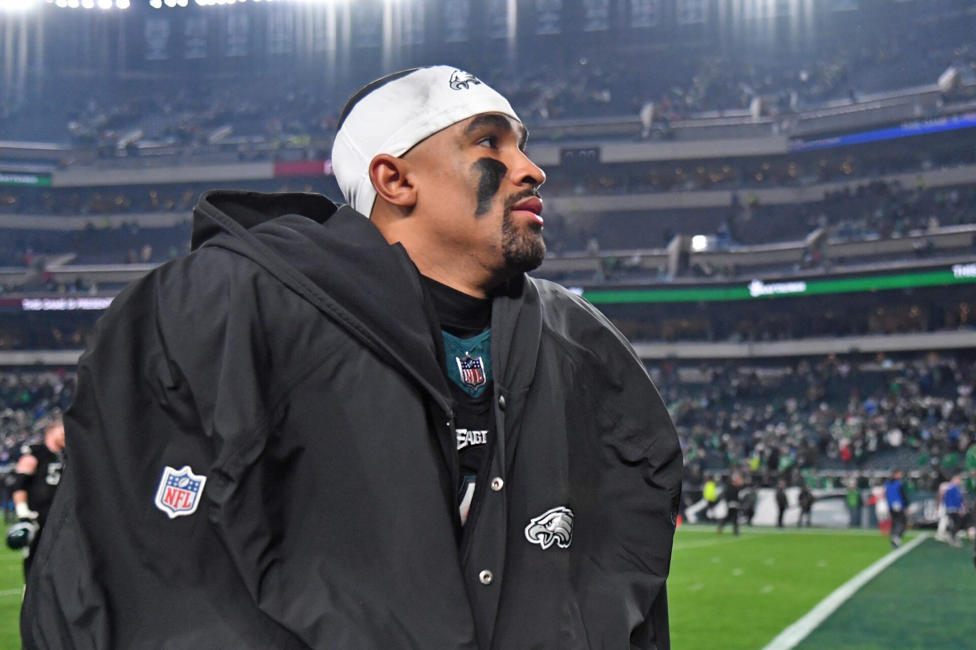 Philadelphia Eagles quarterback Jalen Hurts (1) walks off the field after win against the New York Giants at Lincoln Financial Field.
