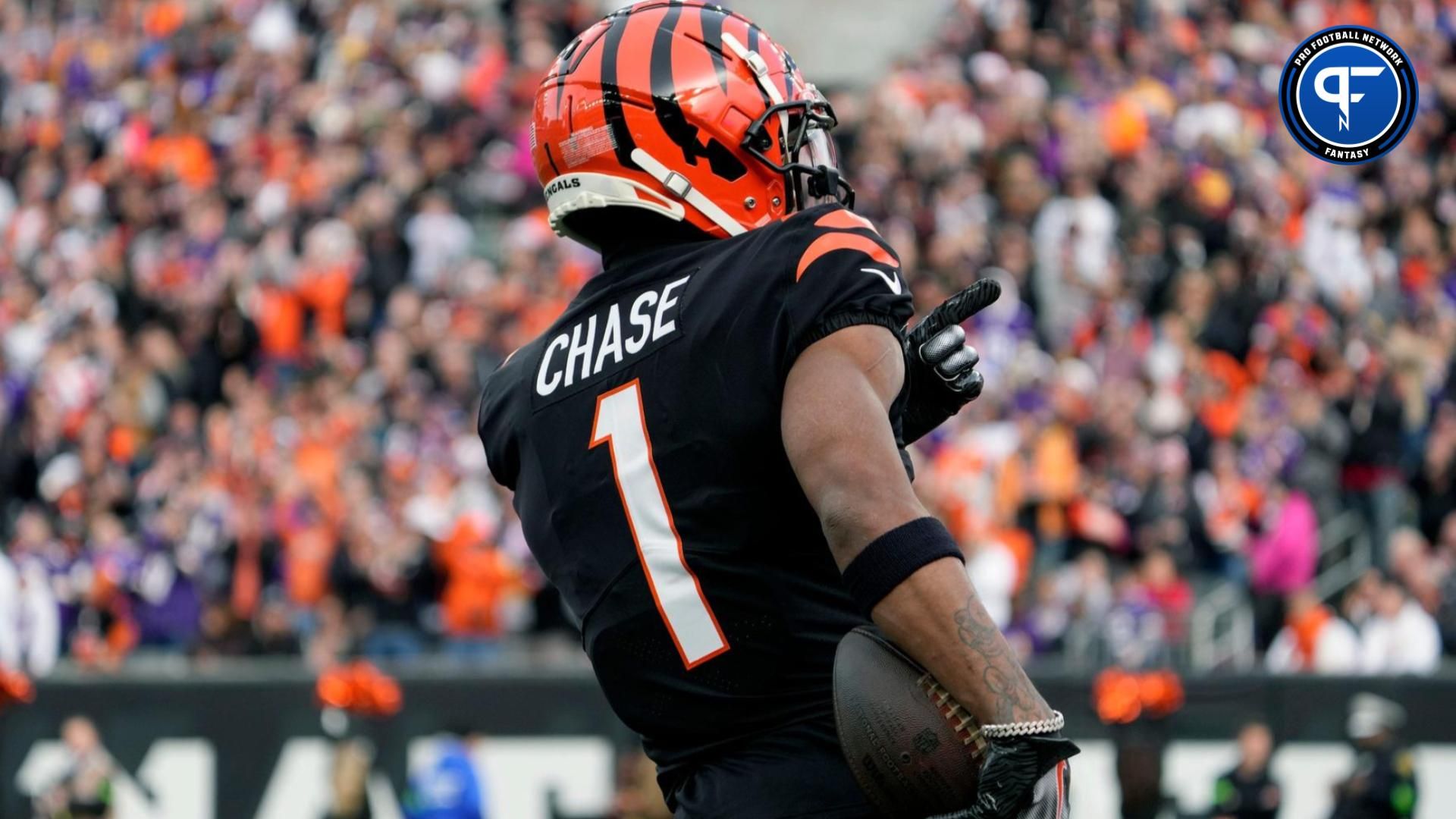 Cincinnati Bengals wide receiver Ja'Marr Chase (1) points to the crowd as the Bengals face the Minnesota Vikings at Paycor Stadium Saturday, December 16, 2023.