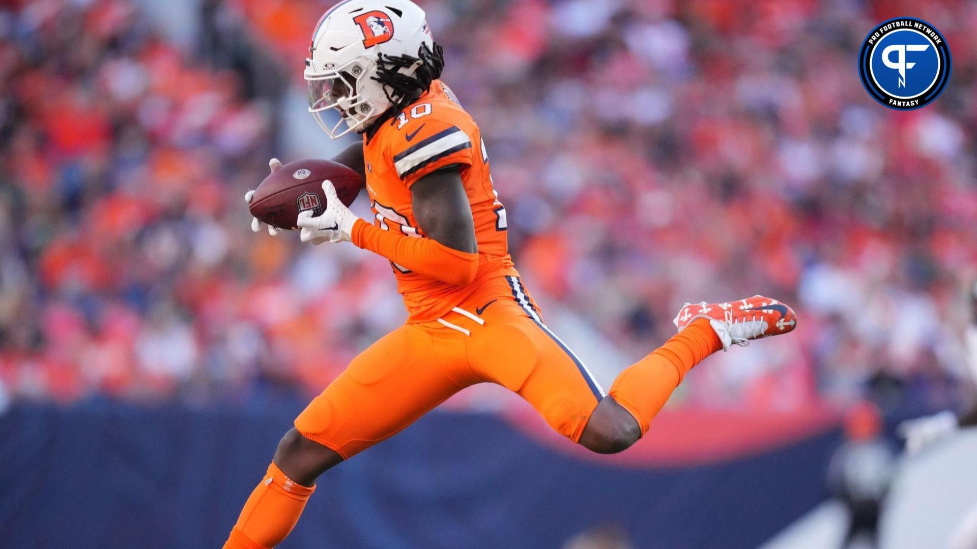 Denver Broncos wide receiver Jerry Jeudy (10) catches the ball in the second half against the New York Jets at Empower Field at Mile High.