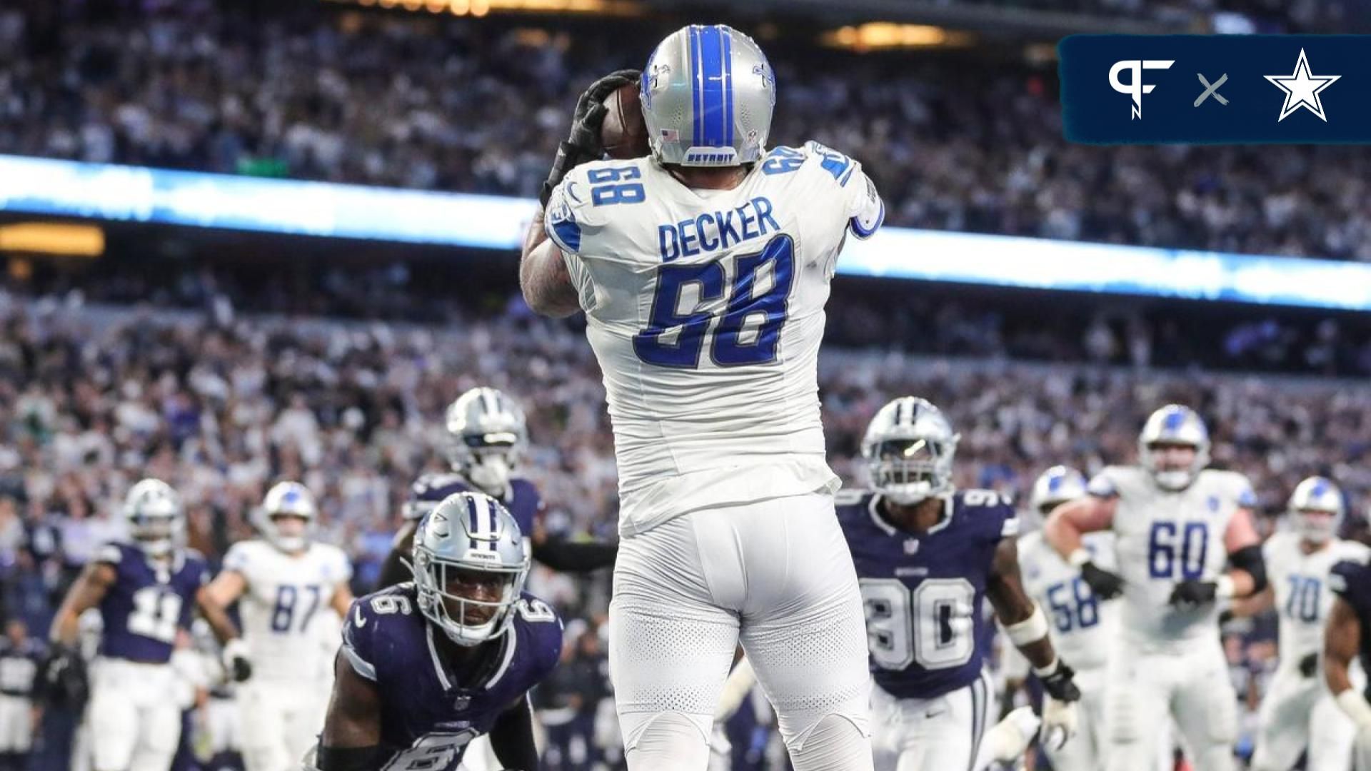 Detroit Lions offensive tackle Taylor Decker (68) catches the ball in the end zone for a 2-point conversion against Dallas Cowboys during the second half at AT&T Stadium in Arlington, Texas on Saturday, Dec. 30, 2023. The play was flagged for illegal touching.