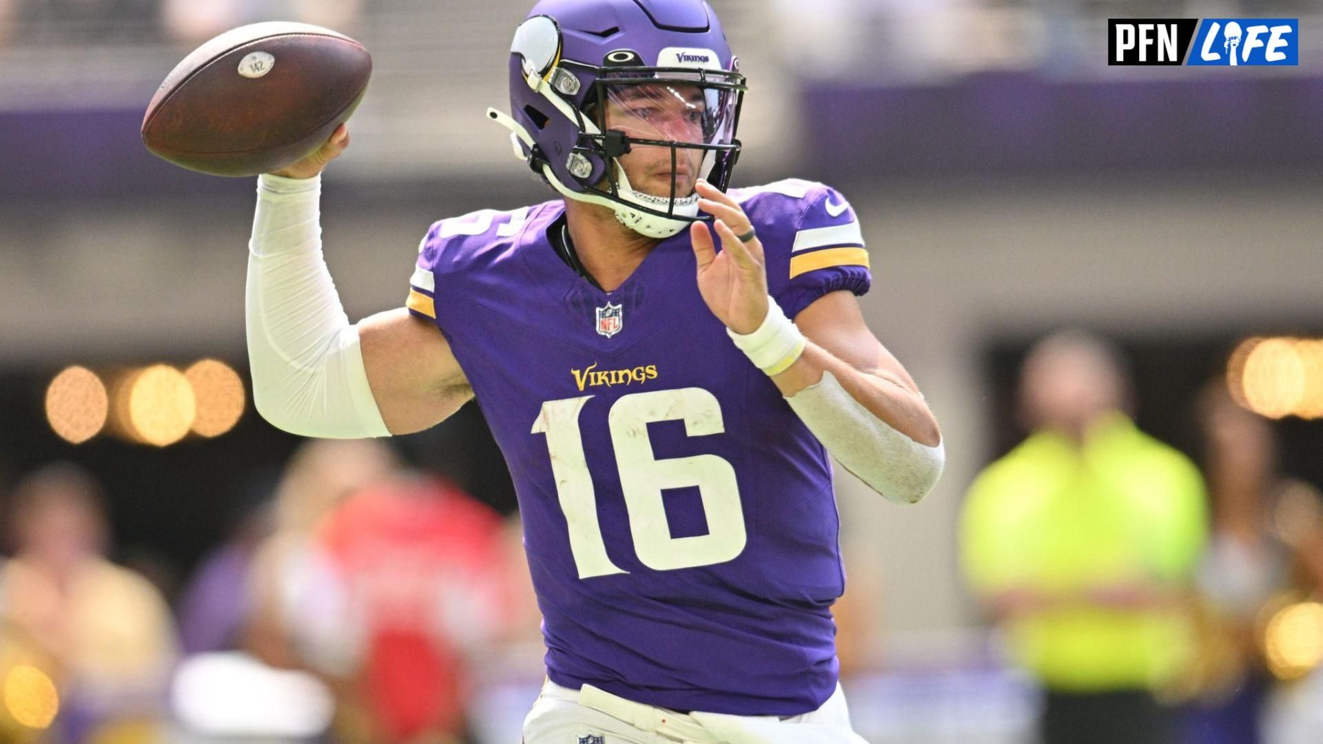 Minnesota Vikings quarterback Jaren Hall (16) throws a pass against the Arizona Cardinals during the third quarter at U.S. Bank Stadium.