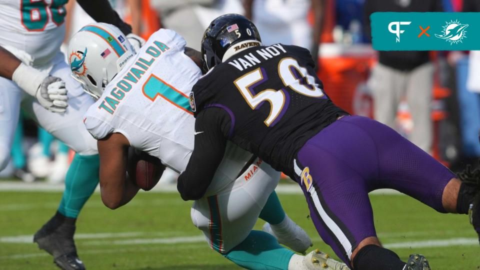 Baltimore Ravens linebacker Kyle Van Noy (50) sacks Miami Dolphins quarterback Tua Tagovailoa (1) in the second quarter at M&T Bank Stadium.