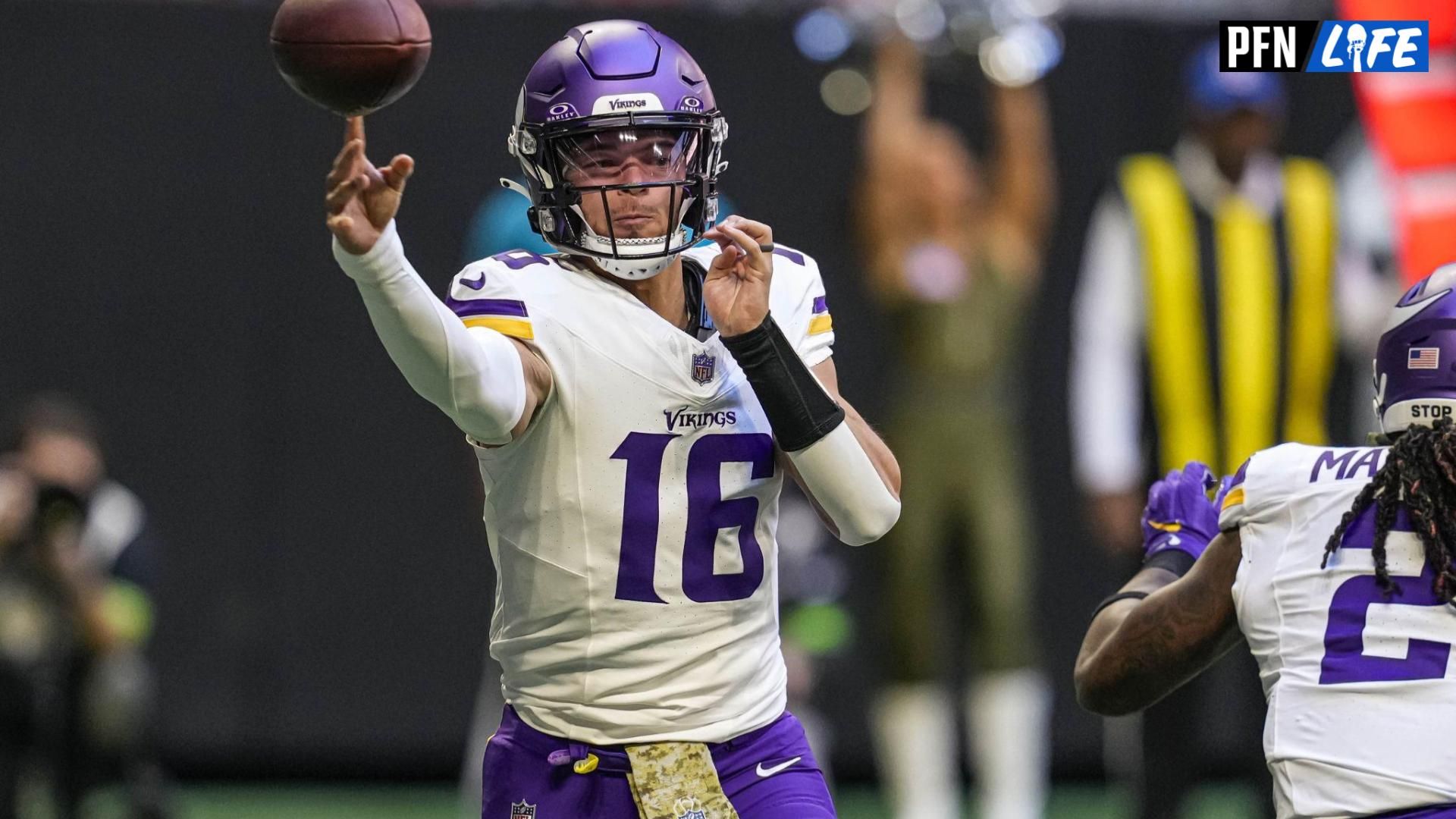 Minnesota Vikings quarterback Jaren Hall (16) passes the ball against the Atlanta Falcons during the first quarter at Mercedes-Benz Stadium.