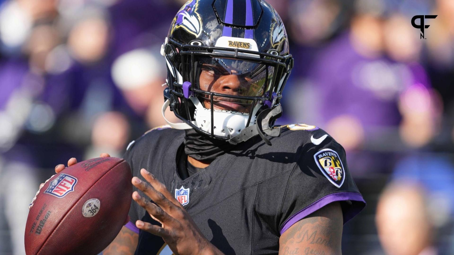 Baltimore Ravens quarterback Lamar Jackson (8) warms up prior to the game against the Miami Dolphins at M&T Bank Stadium.