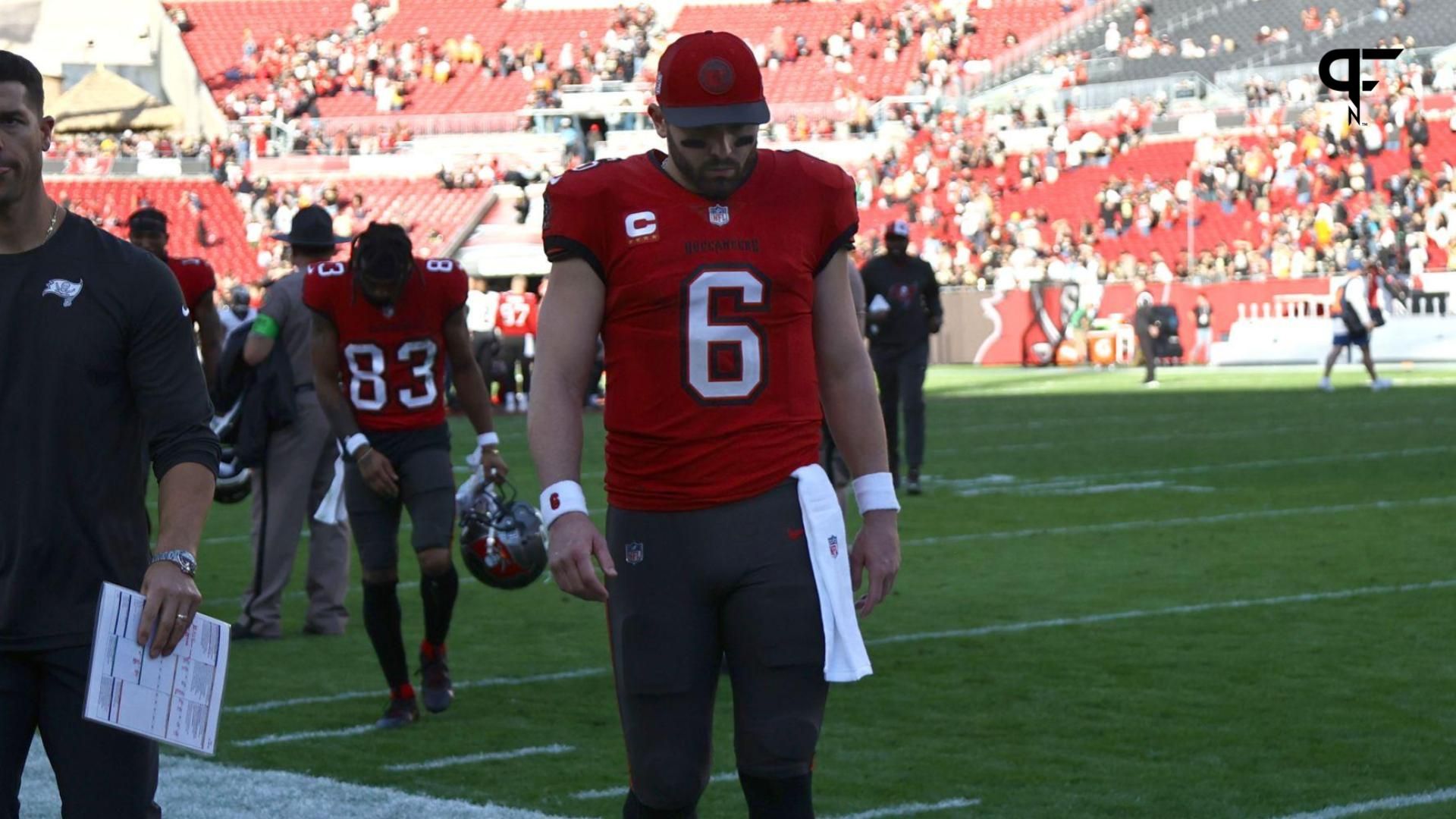 Tampa Bay Buccaneers quarterback Baker Mayfield (6) looks down as he walks off the field after they lost to the New Orleans Saints at Raymond James Stadium.