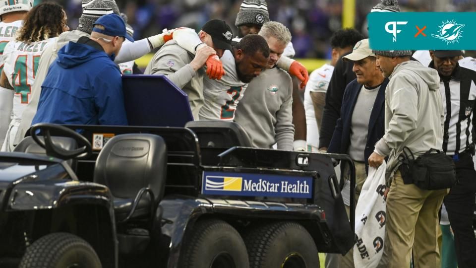 Miami Dolphins linebacker Bradley Chubb (2) ins helped to the cart after being injured during the second half against the Baltimore Ravens at M&T Bank Stadium.