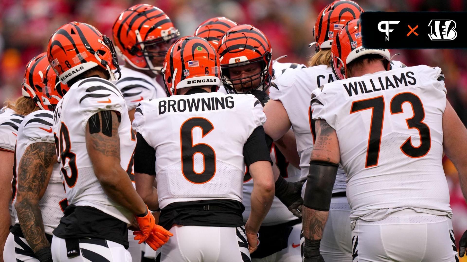 Cincinnati Bengals quarterback Jake Browning (6) calls a play in the huddle in the first quarter during a Week 17 NFL football game between the Cincinnati Bengals and the Kansas City Chiefs at GEHA Field at Arrowhead Stadium.