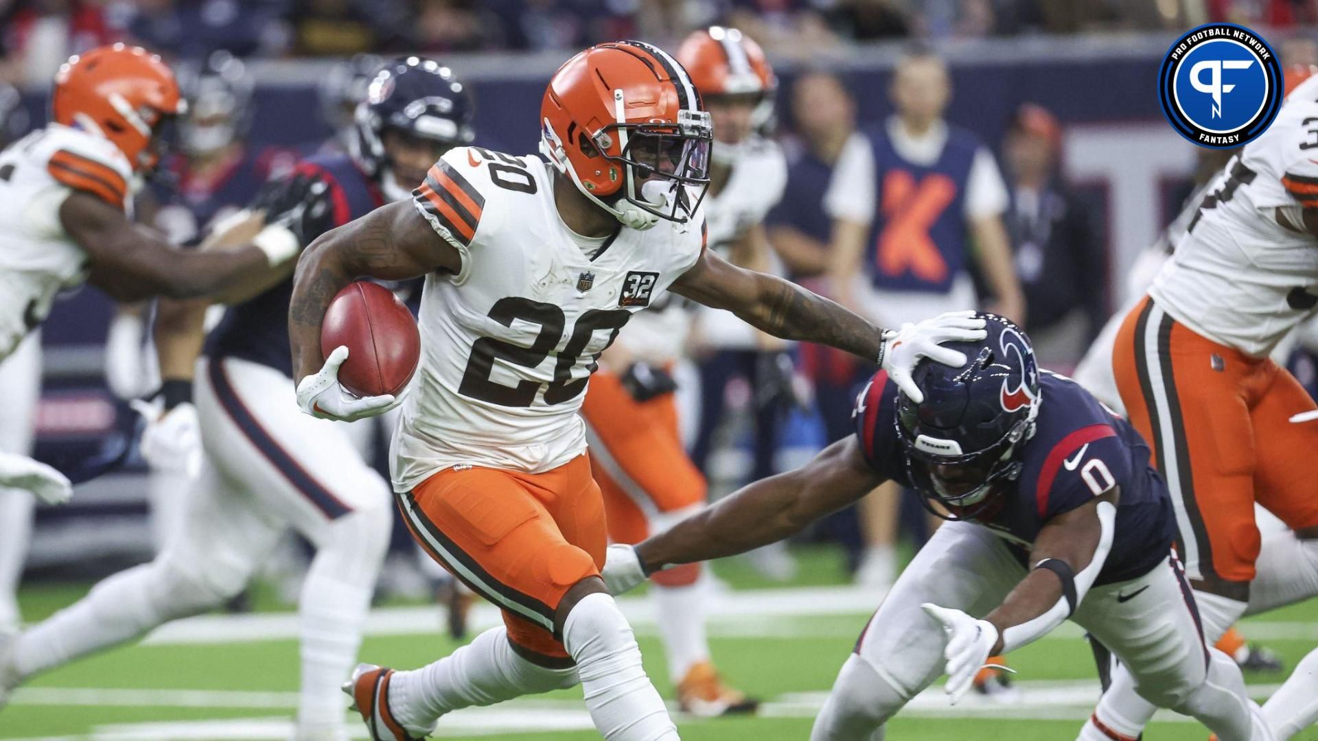 Cleveland Browns running back Pierre Strong Jr. (20) runs with the ball on the opening kickoff during the first quarter against the Houston Texans at NRG Stadium.