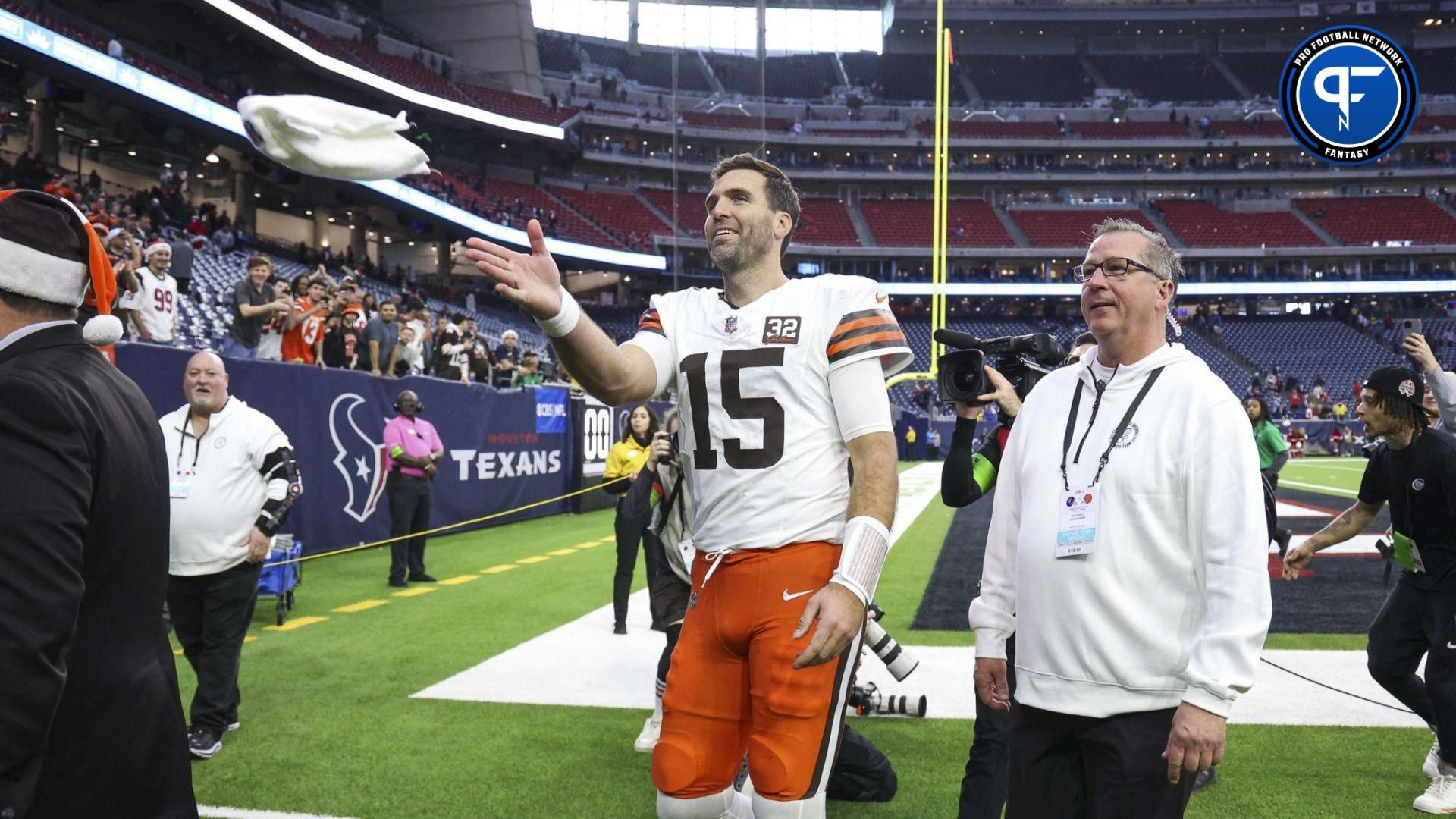 Cleveland Browns quarterback Joe Flacco (15) throws a towel to fans after the game against the Houston Texans at NRG Stadium.