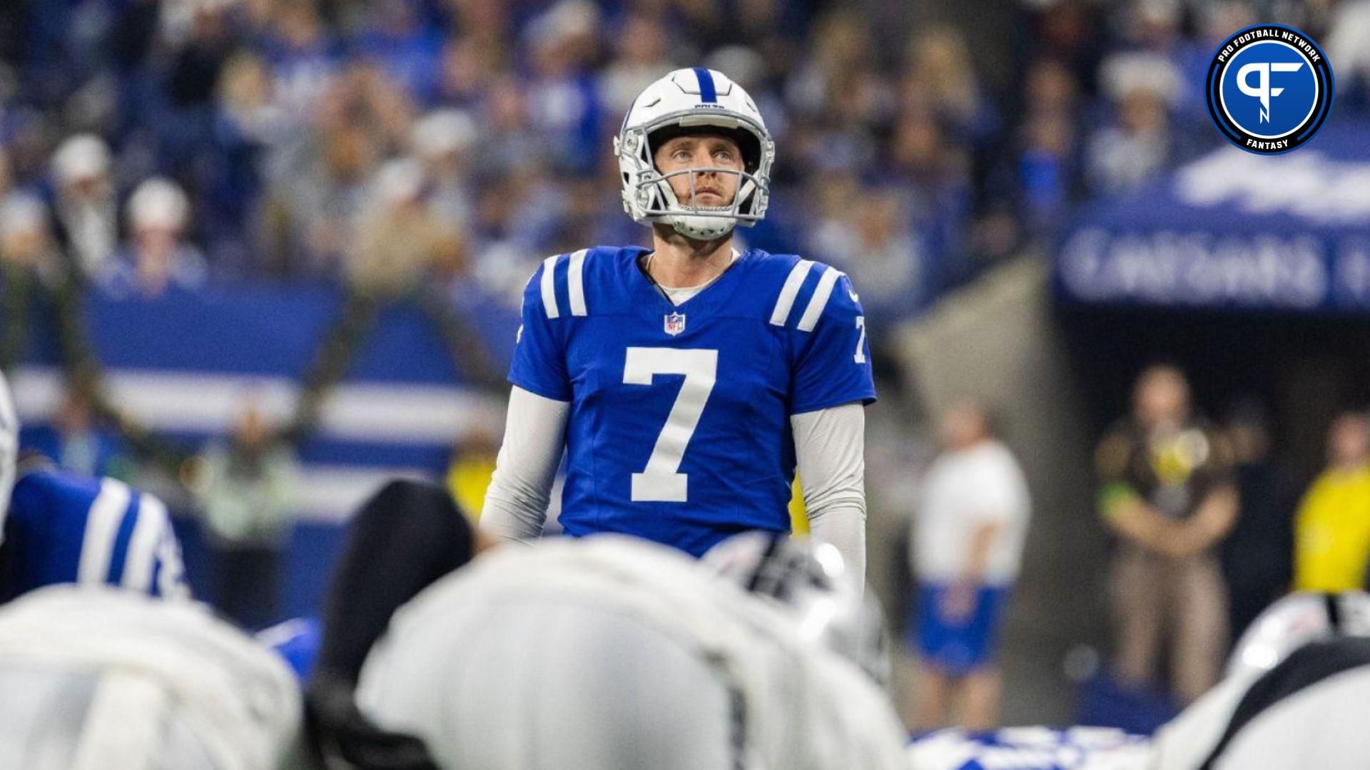 Indianapolis Colts place kicker Matt Gay (7) lines up a field goal in the second half against the Las Vegas Raiders at Lucas Oil Stadium.