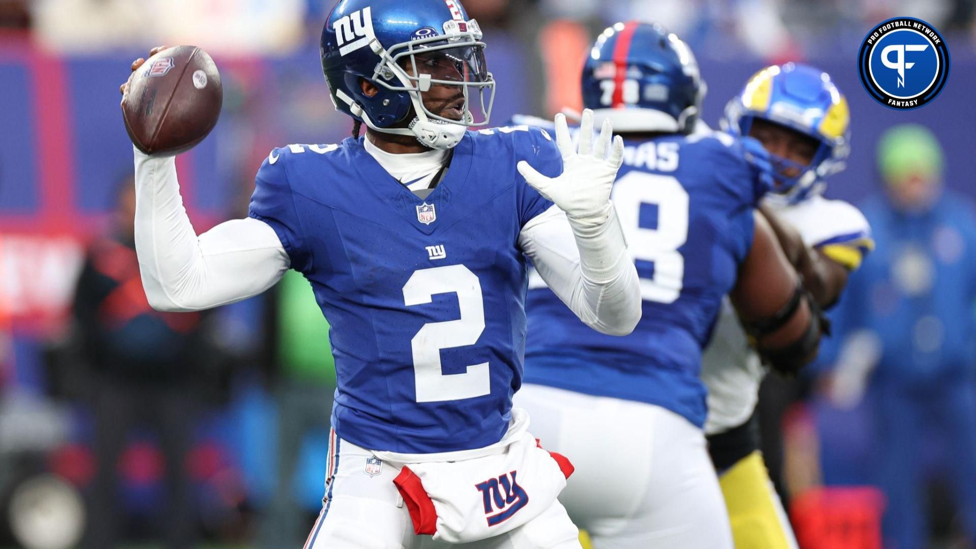 New York Giants QB Tyrod Taylor (2) throws a pass against the Los Angeles Rams.