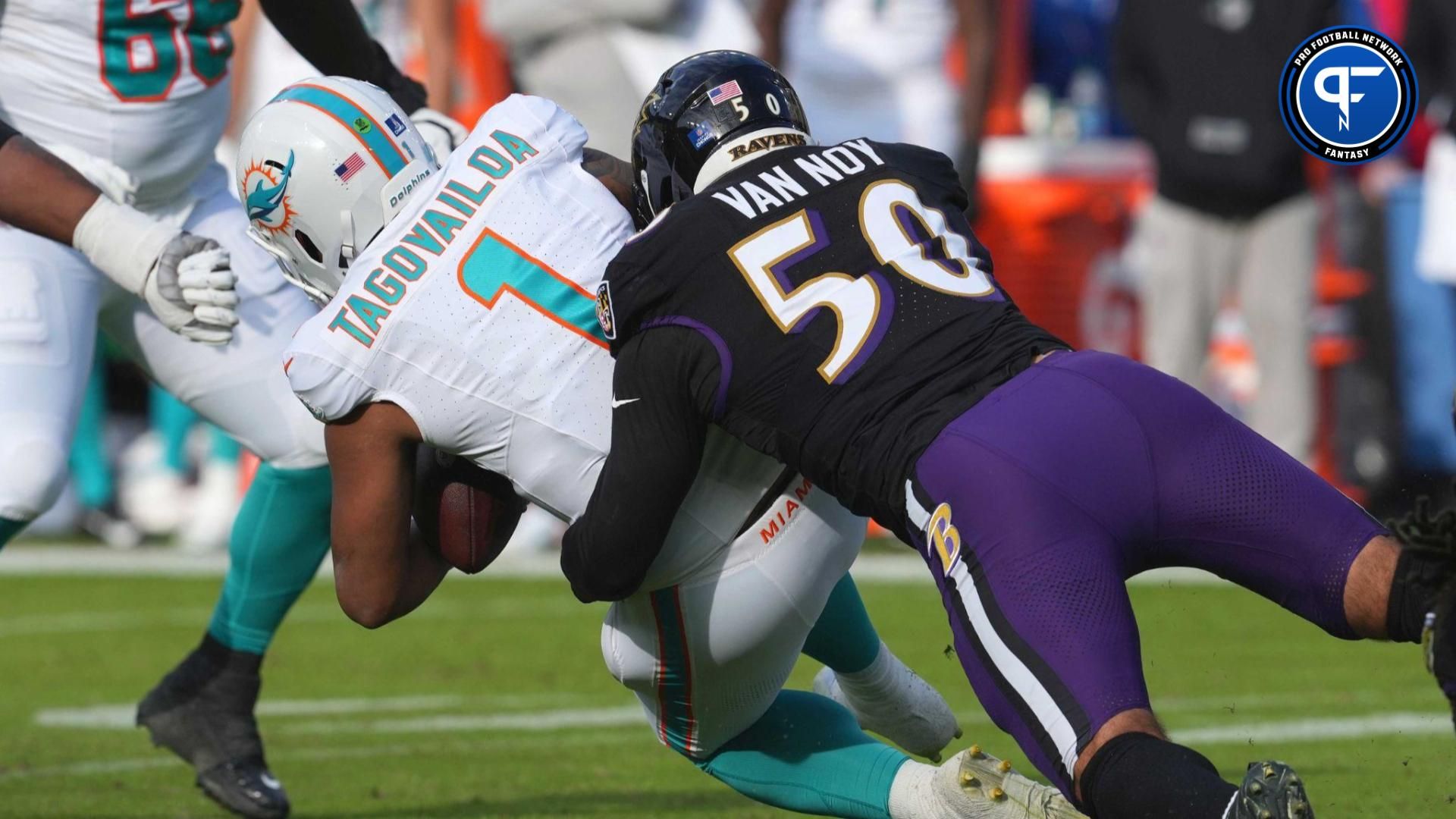 Baltimore Ravens linebacker Kyle Van Noy (50) sacks Miami Dolphins quarterback Tua Tagovailoa (1) in the second quarter at M&T Bank Stadium.