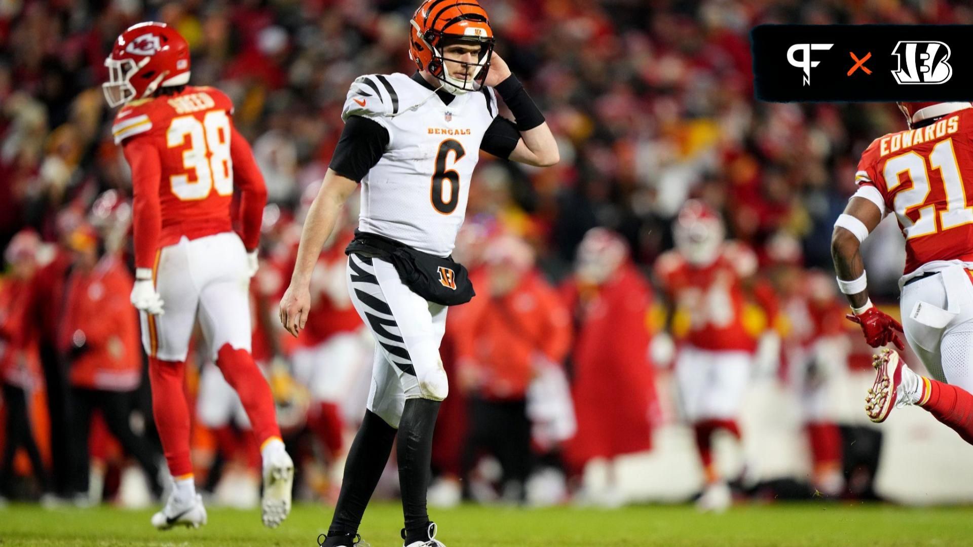 Cincinnati Bengals QB Jake Browning (6) walks off the field after a stalled drive against the Kansas City Chiefs.