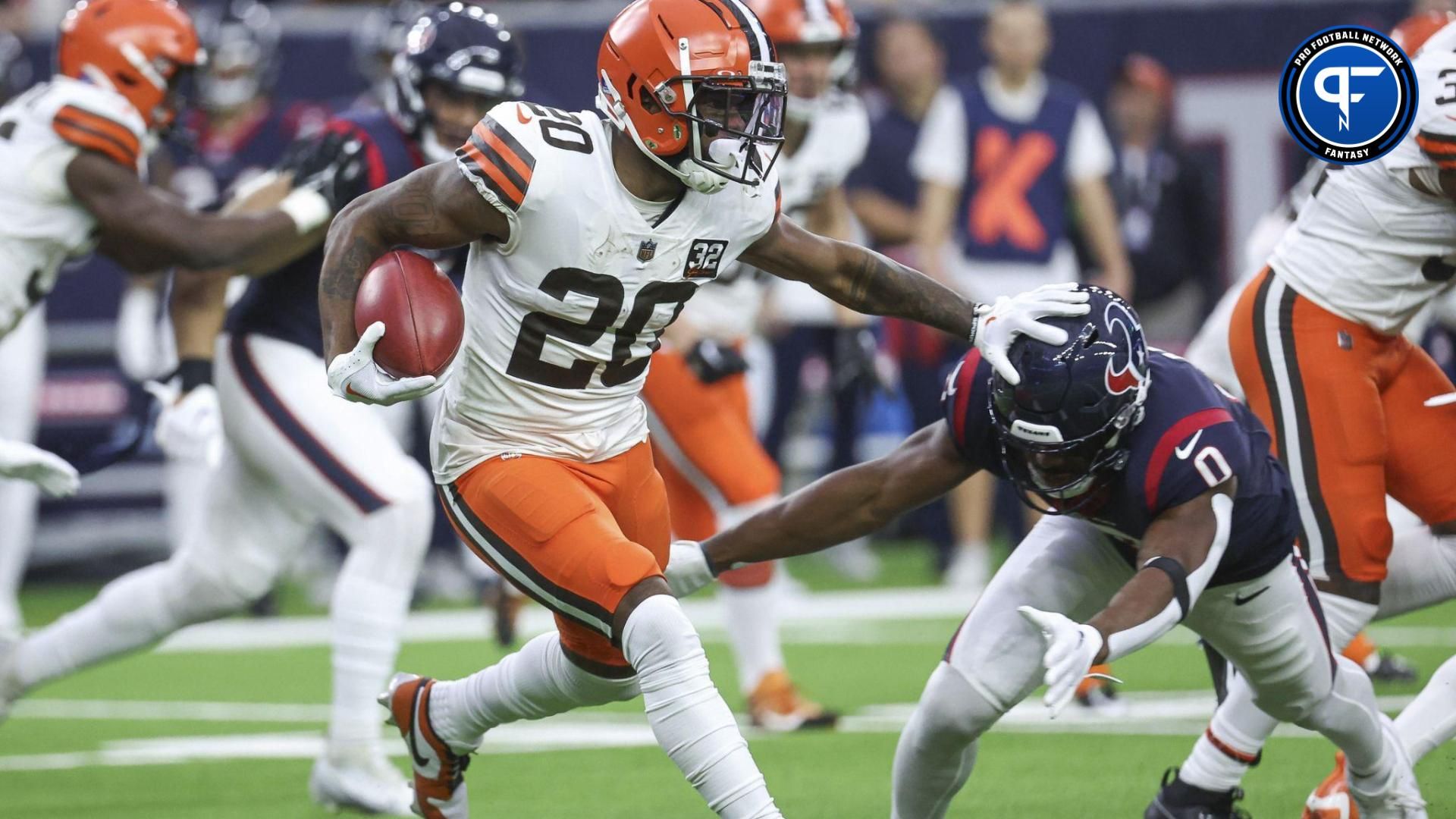 Cleveland Browns running back Pierre Strong Jr. (20) runs with the ball on the opening kickoff during the first quarter against the Houston Texans at NRG Stadium