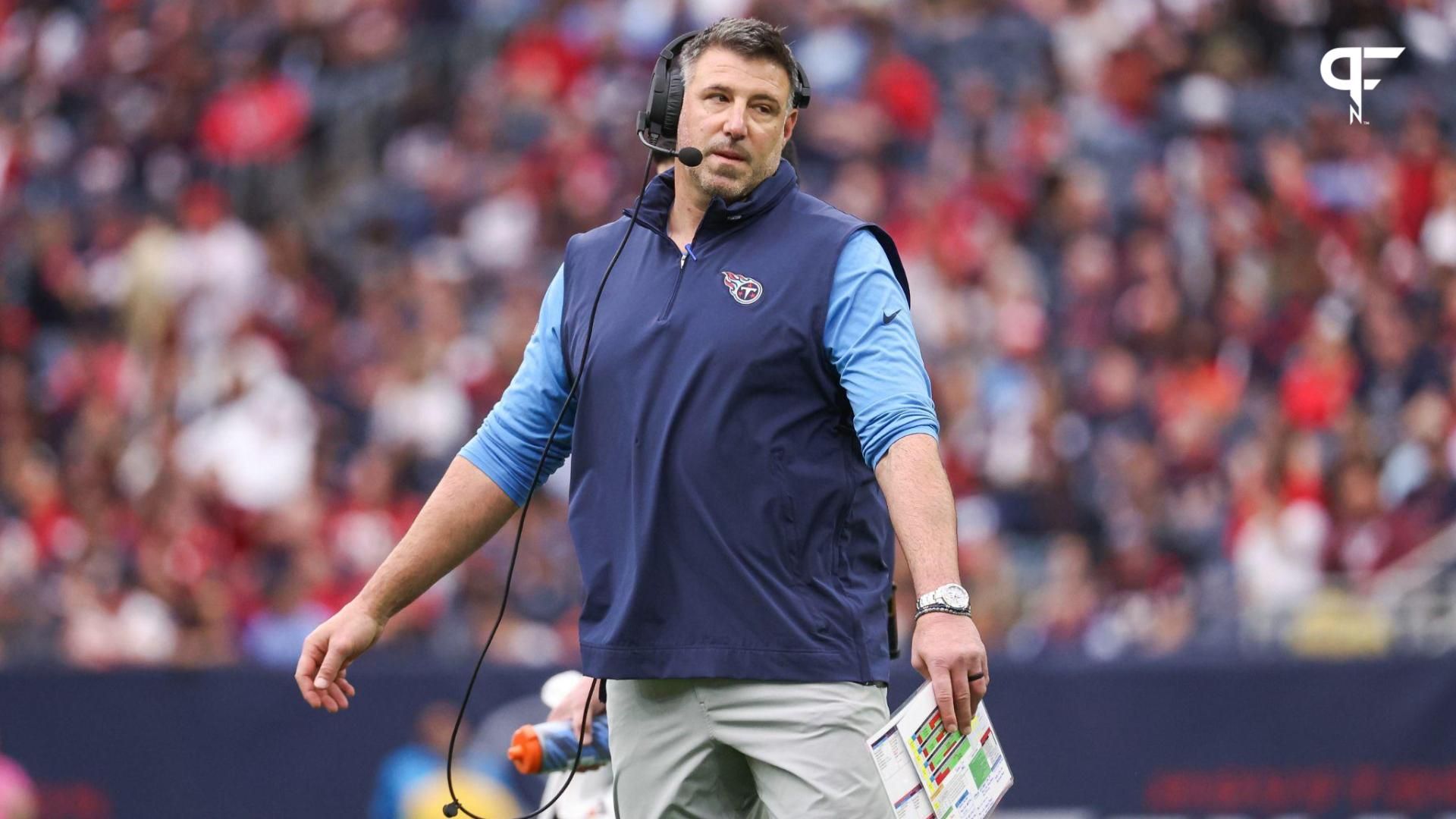 Tennessee Titans head coach Mike Vrabel reacts after a play during the first quarter against the Houston Texans at NRG Stadium.