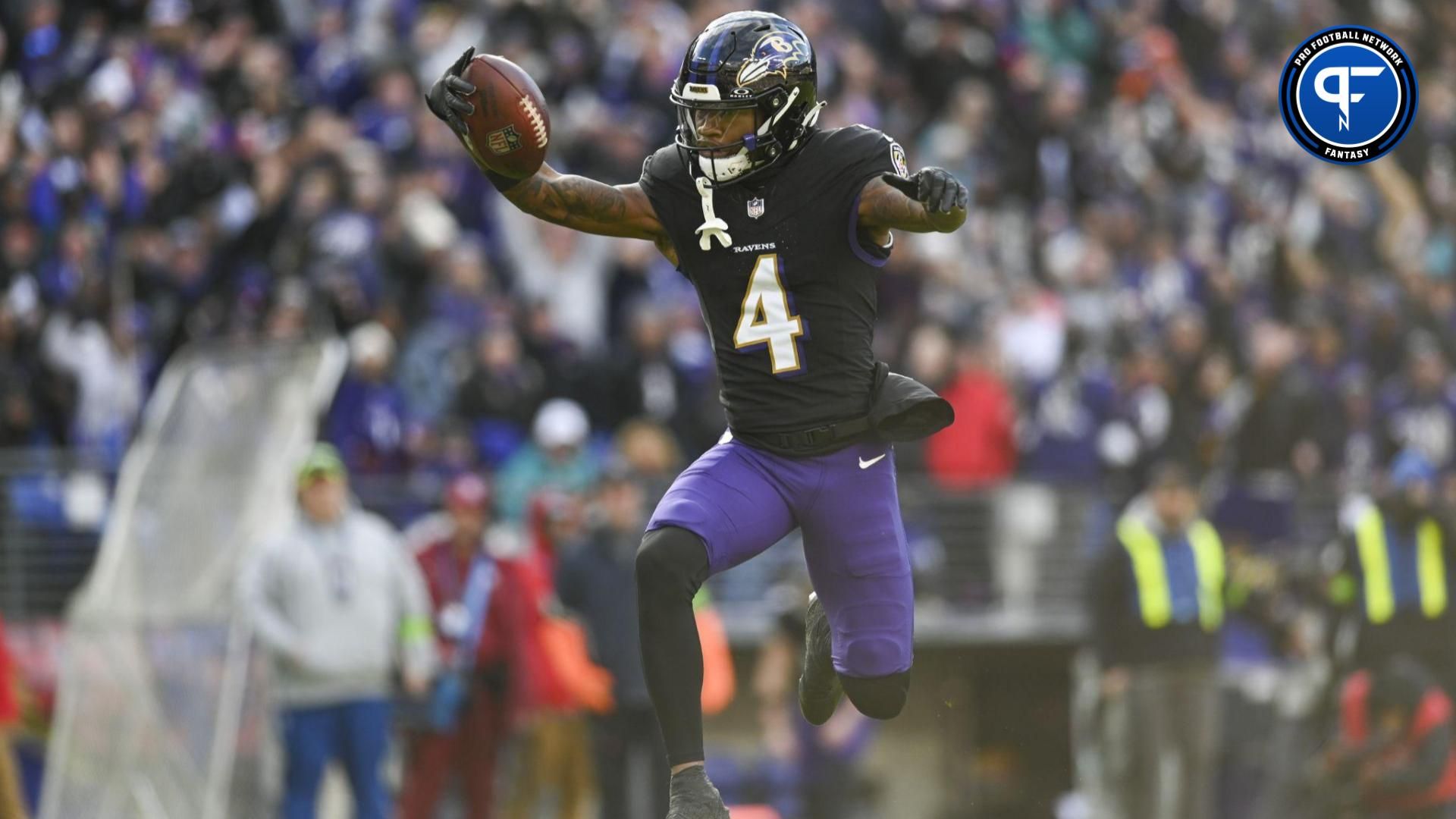 Baltimore Ravens WR Zay Flowers (4) celebrates after scoring a touchdown against the Miami Dolphins.